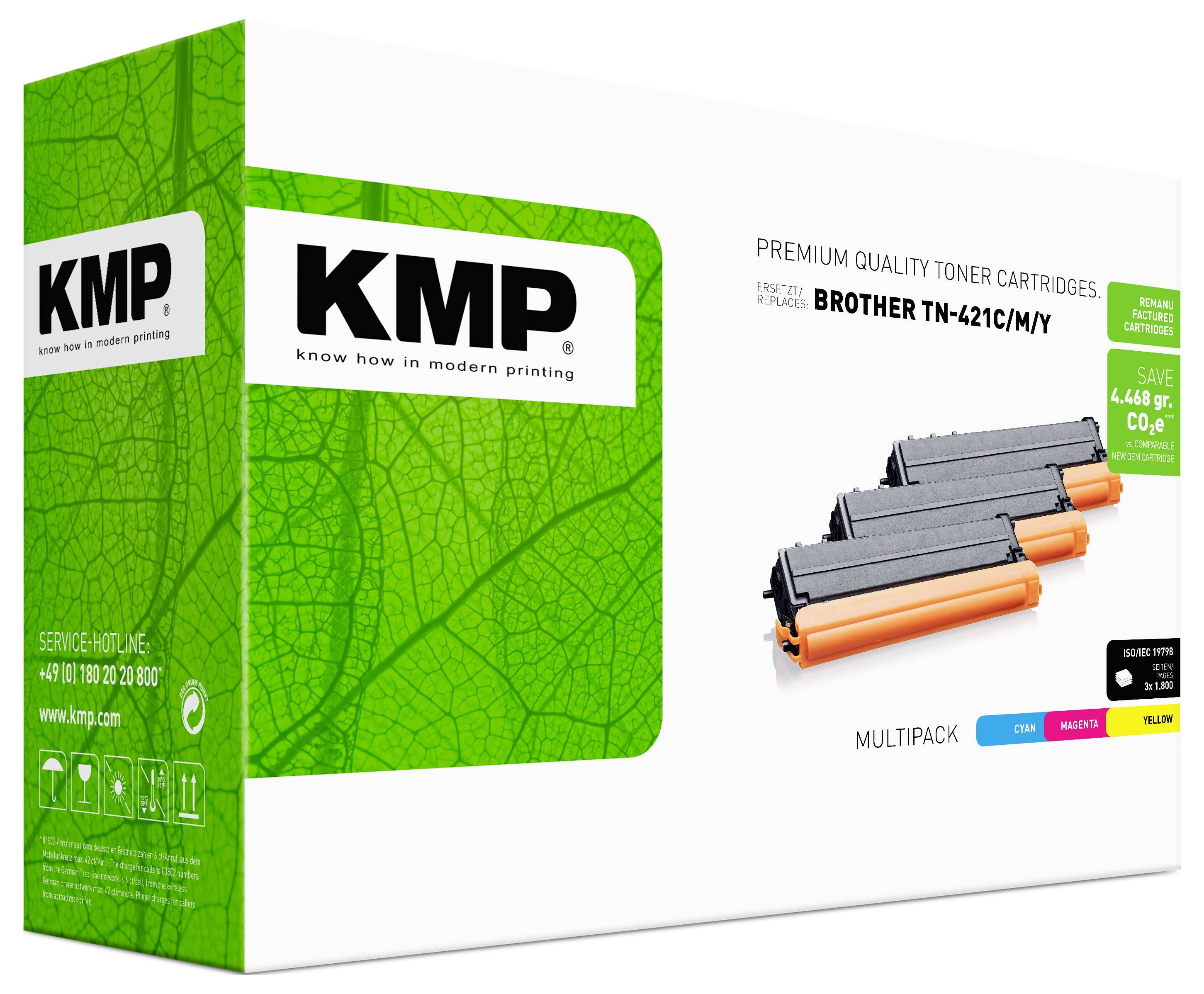 KMP-Druckertoner-Kartuschenerverpackung für Brother TN-421C/M/Y, mit Cyan-, Magenta- und Gelben Kartuschen und „Premium-Qualitäts-Tonerkartuschen"-Branding.