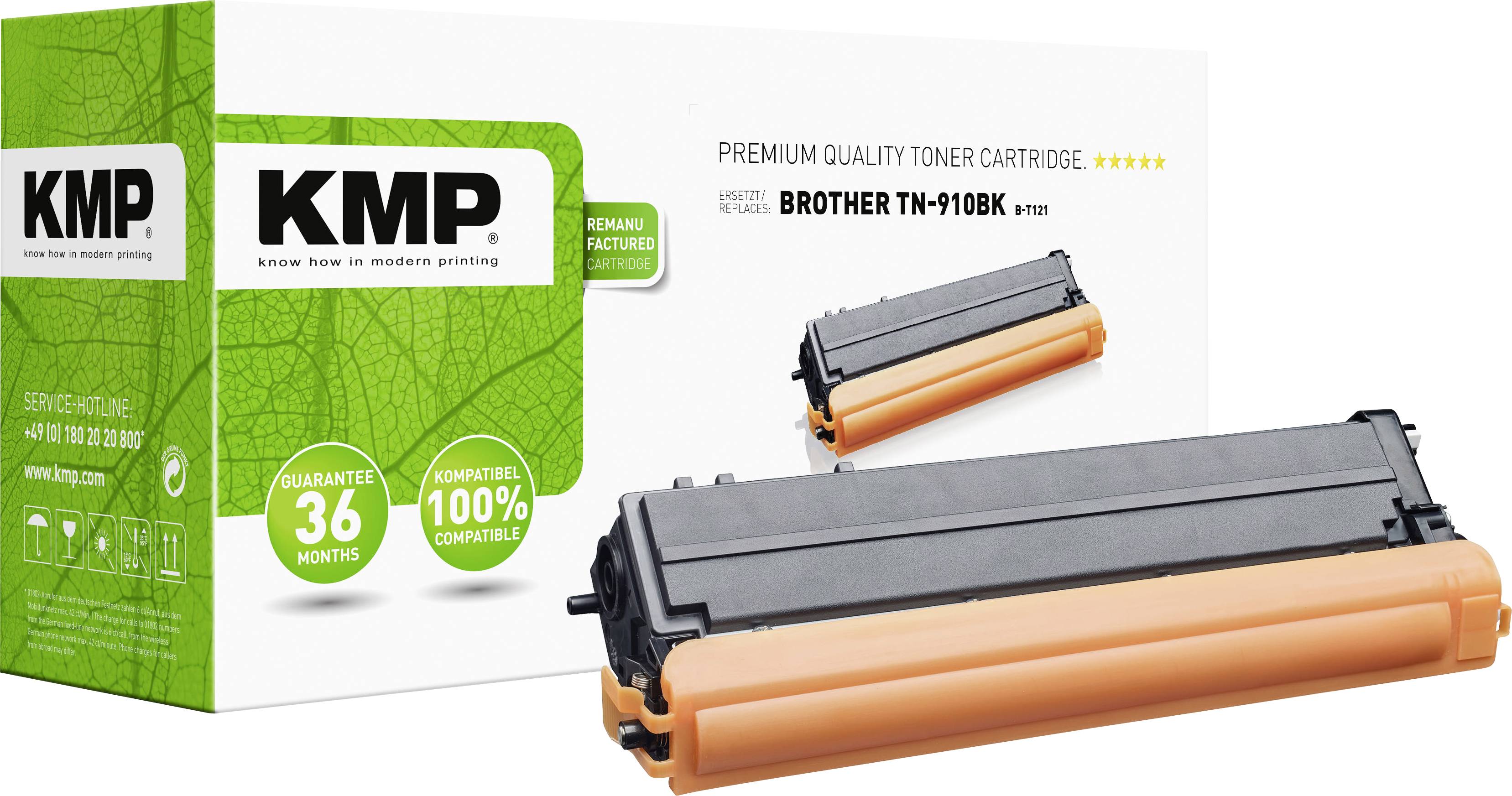 KMP Tonerkartusche Produktverpackung, Modell 'Brother TN-910BK', recyclebar, Garantie 36 Monate, kompatibel mit Brother Druckern.