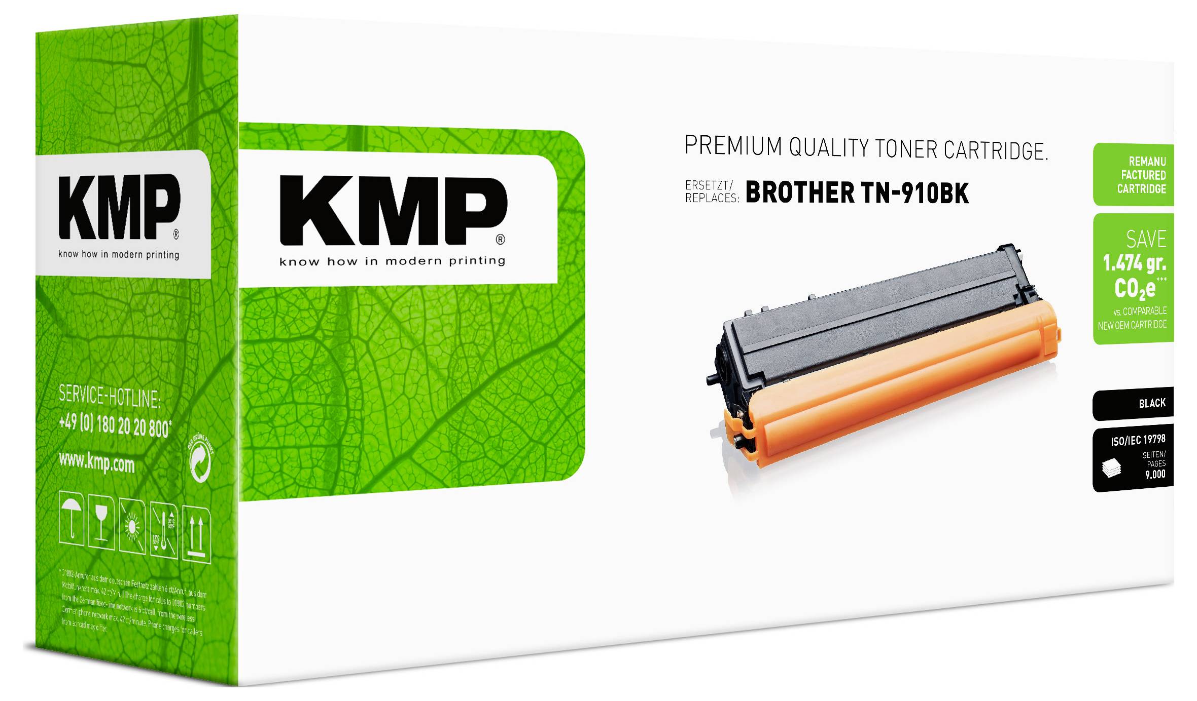 KMP Premium-Qualität Tonerpatrone Verpackung für Brother TN-910BK, gezeigt mit grüner Schachtel und Patronenbild auf weißem Hintergrund.