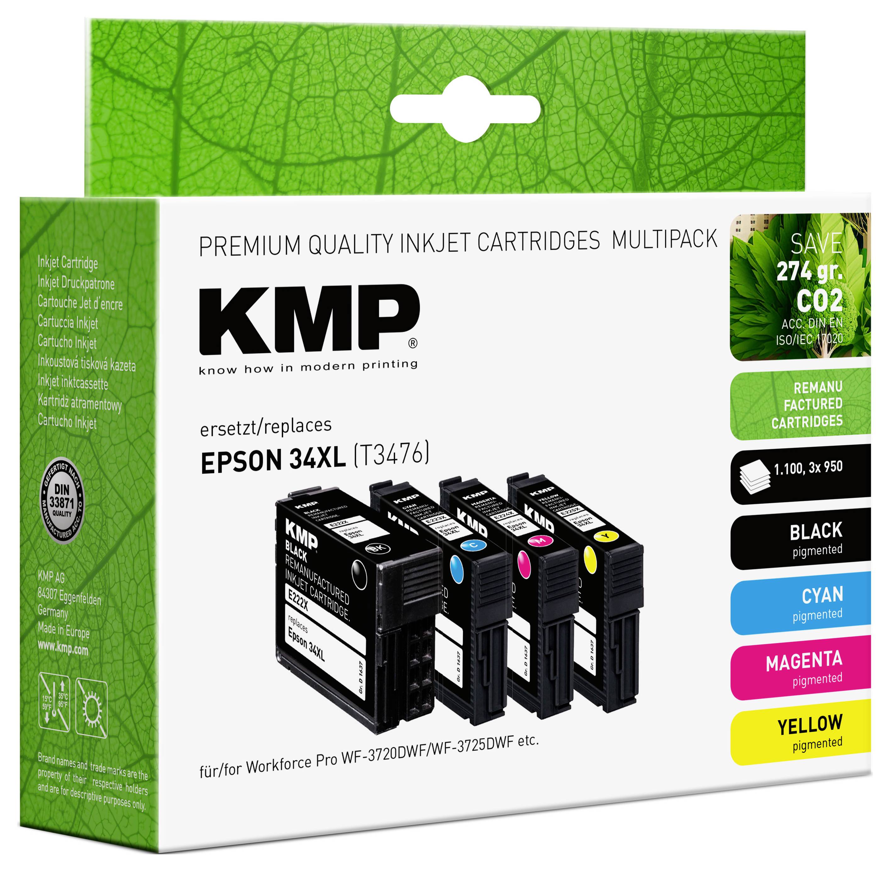 Das Bild zeigt eine KMP Tintenpatronen-Multipack für Epson 34XL Drucker. Sie enthält schwarze, cyan, magenta und gelbe Patronen.