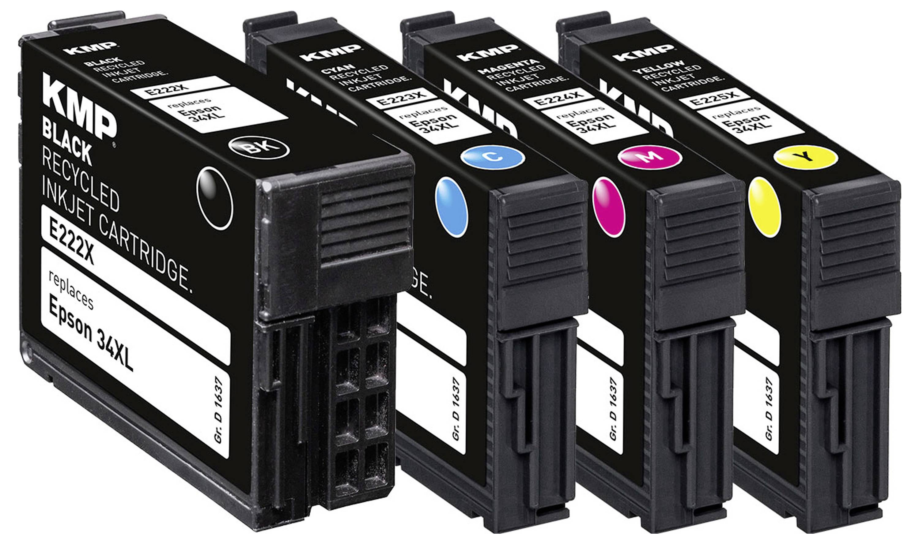 Vier Tintenpatronen mit der Aufschrift 'KMP Recycled Inkjet Cartridge' in schwarz, cyan, magenta und gelb, kompatibel mit Epson 34XL Druckern.