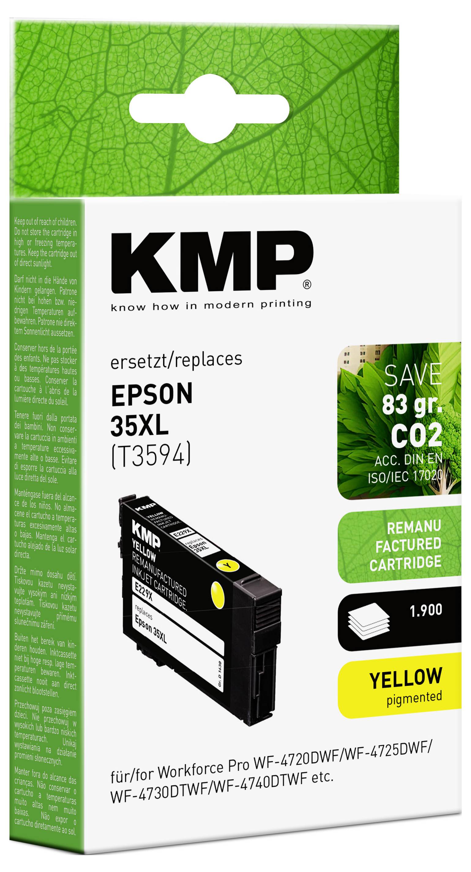 KMP Refurbished Tintenpatrone in Gelb für Epson 35XL (T3594). Kompatibel mit Workforce Pro WF-Serie. Spart 83g CO2.
