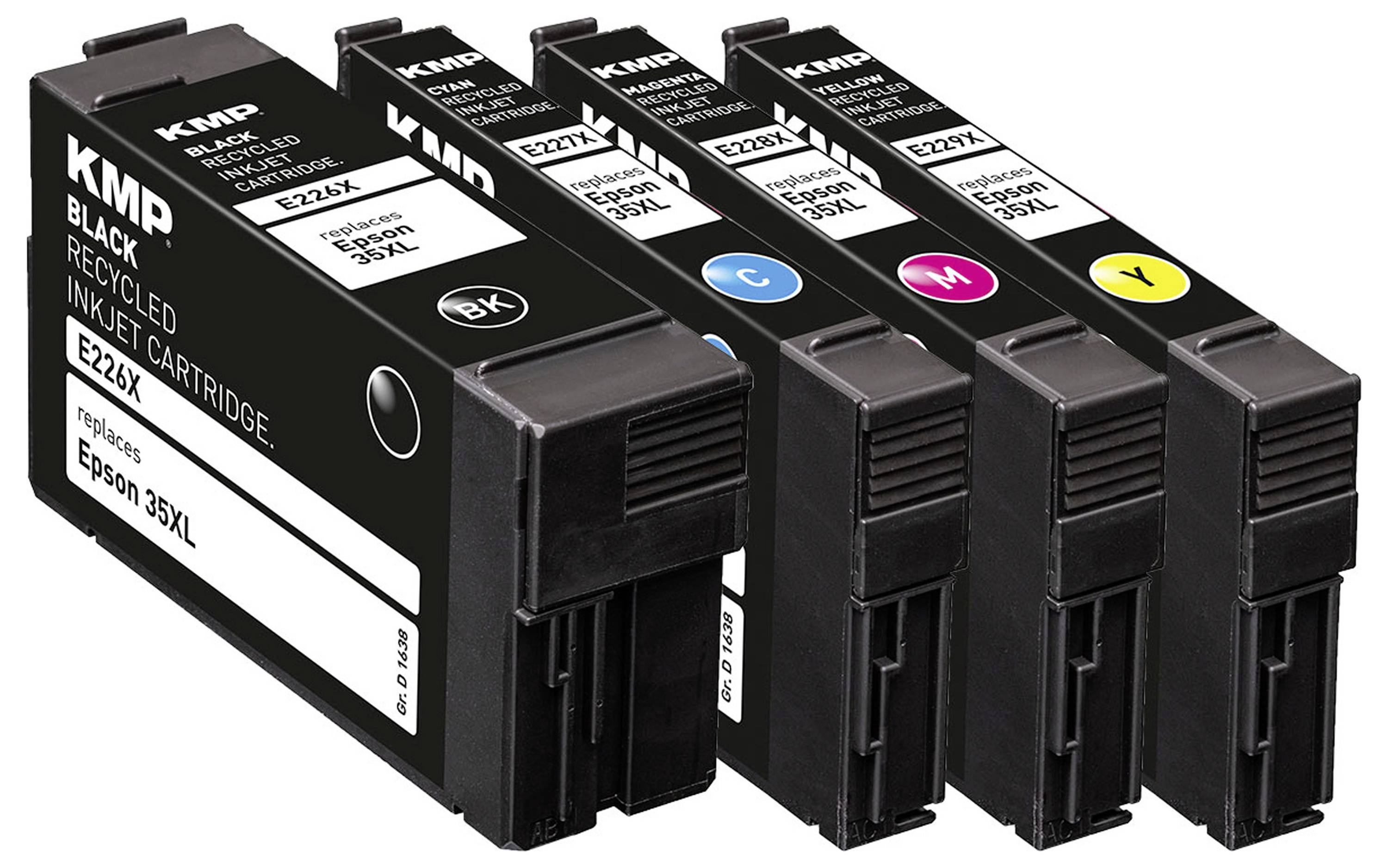 Vier Druckerpatronen der Marke 'KMP' für schwarze, cyan, magenta und gelbe Tinte, kompatibel mit Epson 35XL Modellen.
