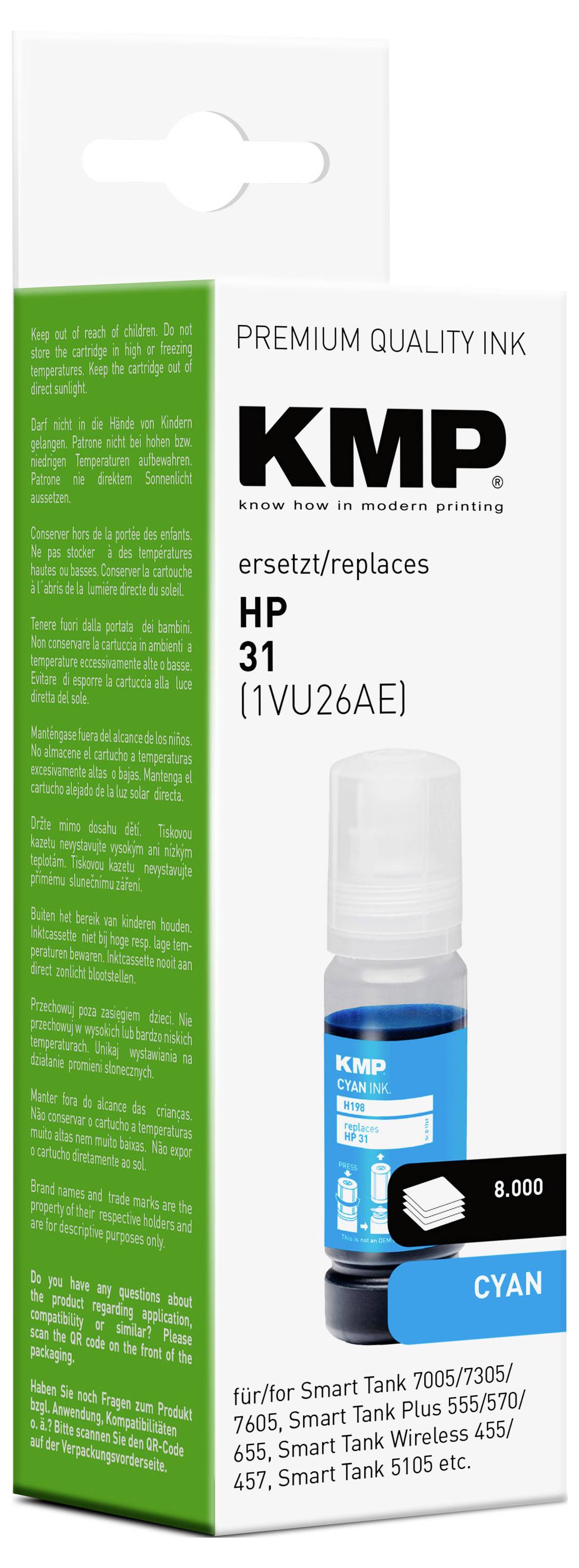 KMP Premium Quality Tinte als Ersatz für HP 31, Farbe Cyan, kompatibel mit HP Smart Tank Modellen. Tintenkapazität: 8.000 Seiten.