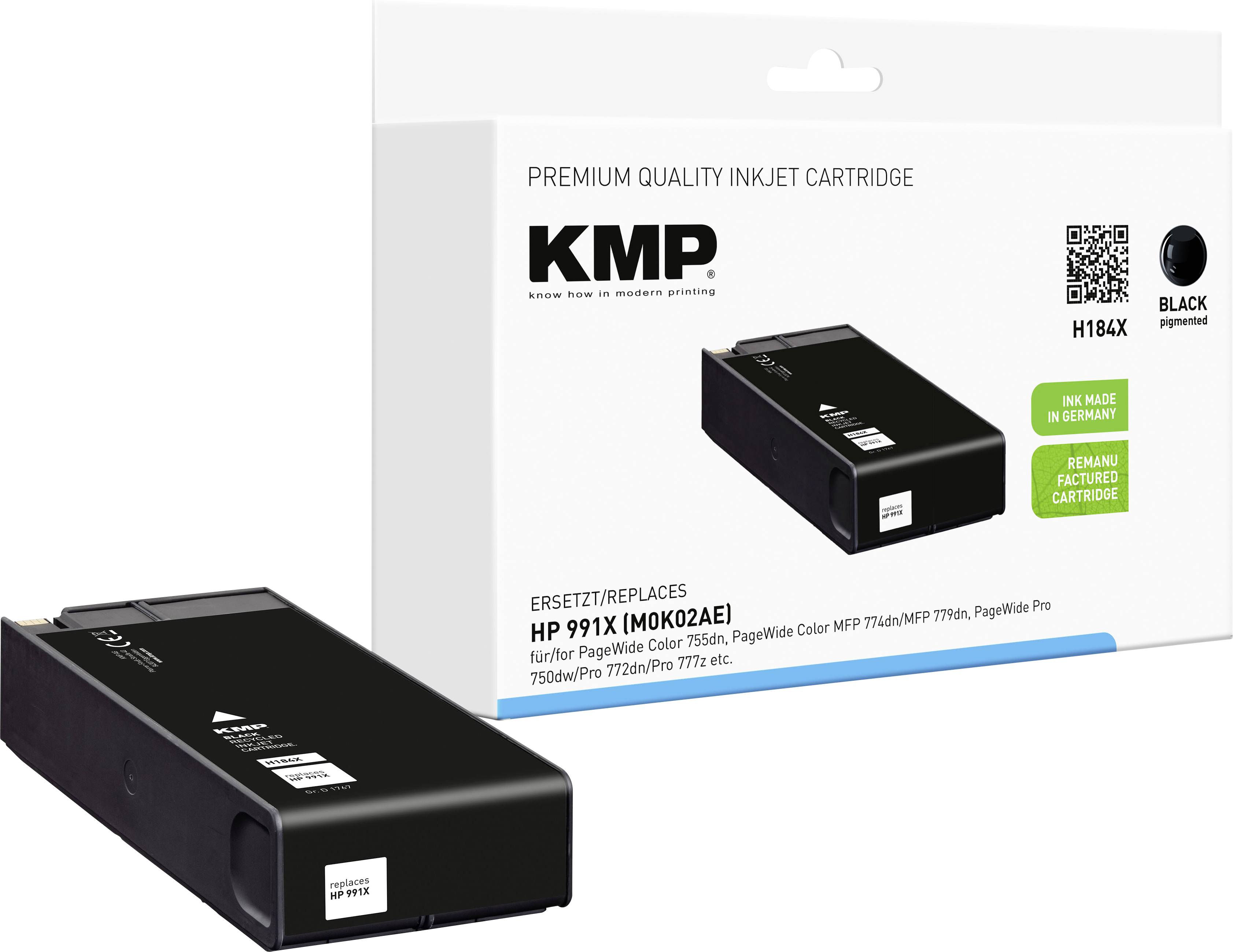'Premium Qualität Tintenpatrone' von KMP, ersetzt HP 991X. Schwarze Patrone, 'Made in Germany'. Verpackung zeigt Produktabbildung.