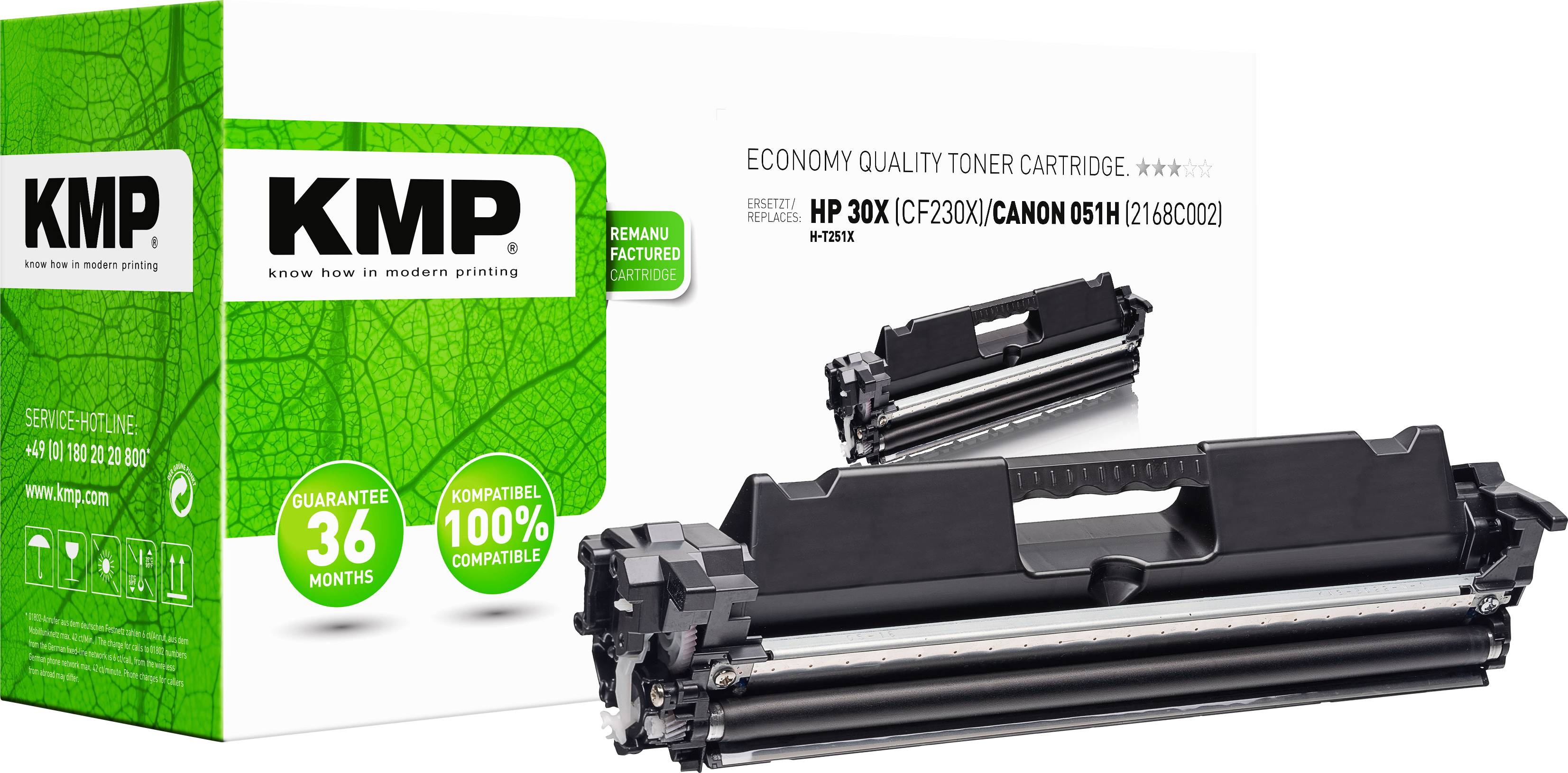 Die Abbildung zeigt eine Verpackung und eine Tonerkartusche von KMP, kompatibel mit HP 30X und Canon 057H. Auf der Verpackung steht 'Economy Quality Toner Cartridge'.