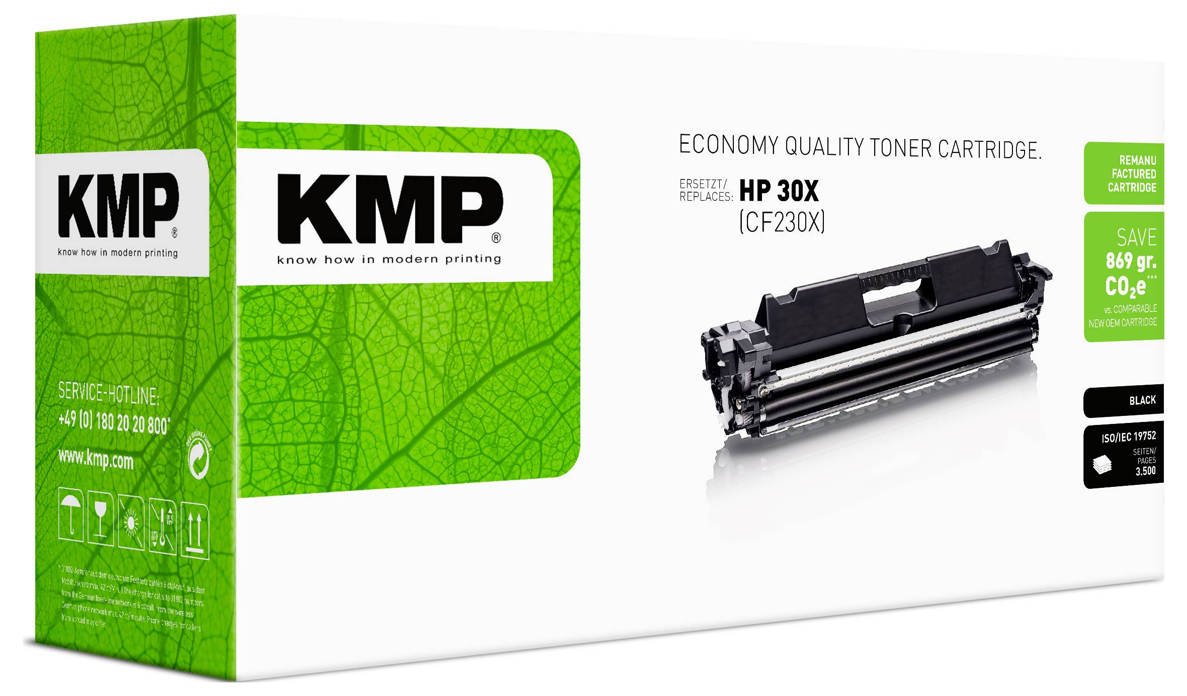 KMP Wirtschaftliche Qualitäts-Tonerkassette für HP 30X (CF230X), schwarz, mit Produktbild und Kompatibilitätsetiketten auf weißer Verpackung.
