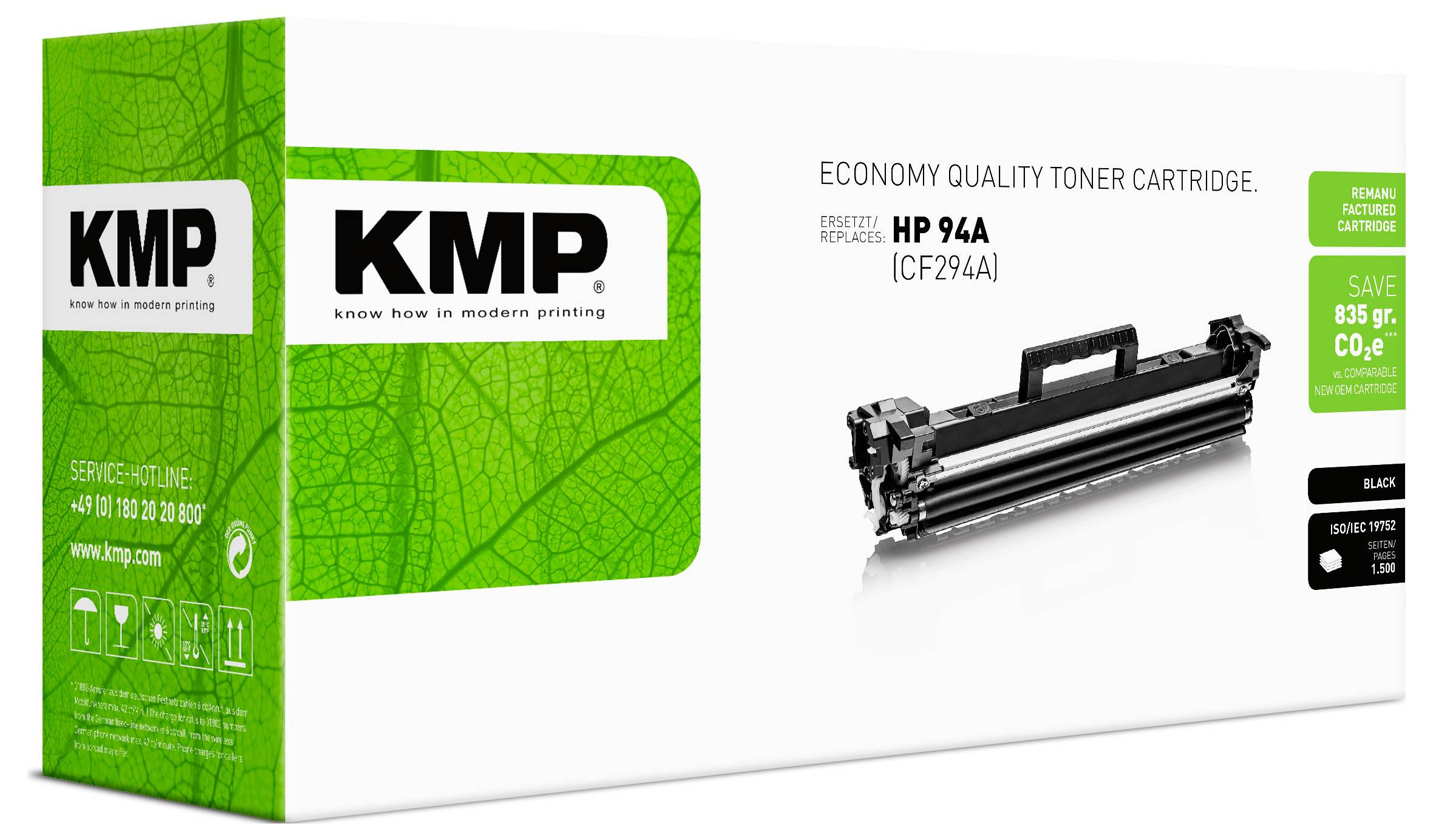 KMP Wirtschafts-Qualität Tonerkassette in einer Schachtel für HP 94A, zeigt eine schwarze Tonerkassette und grünes KMP-Branding.