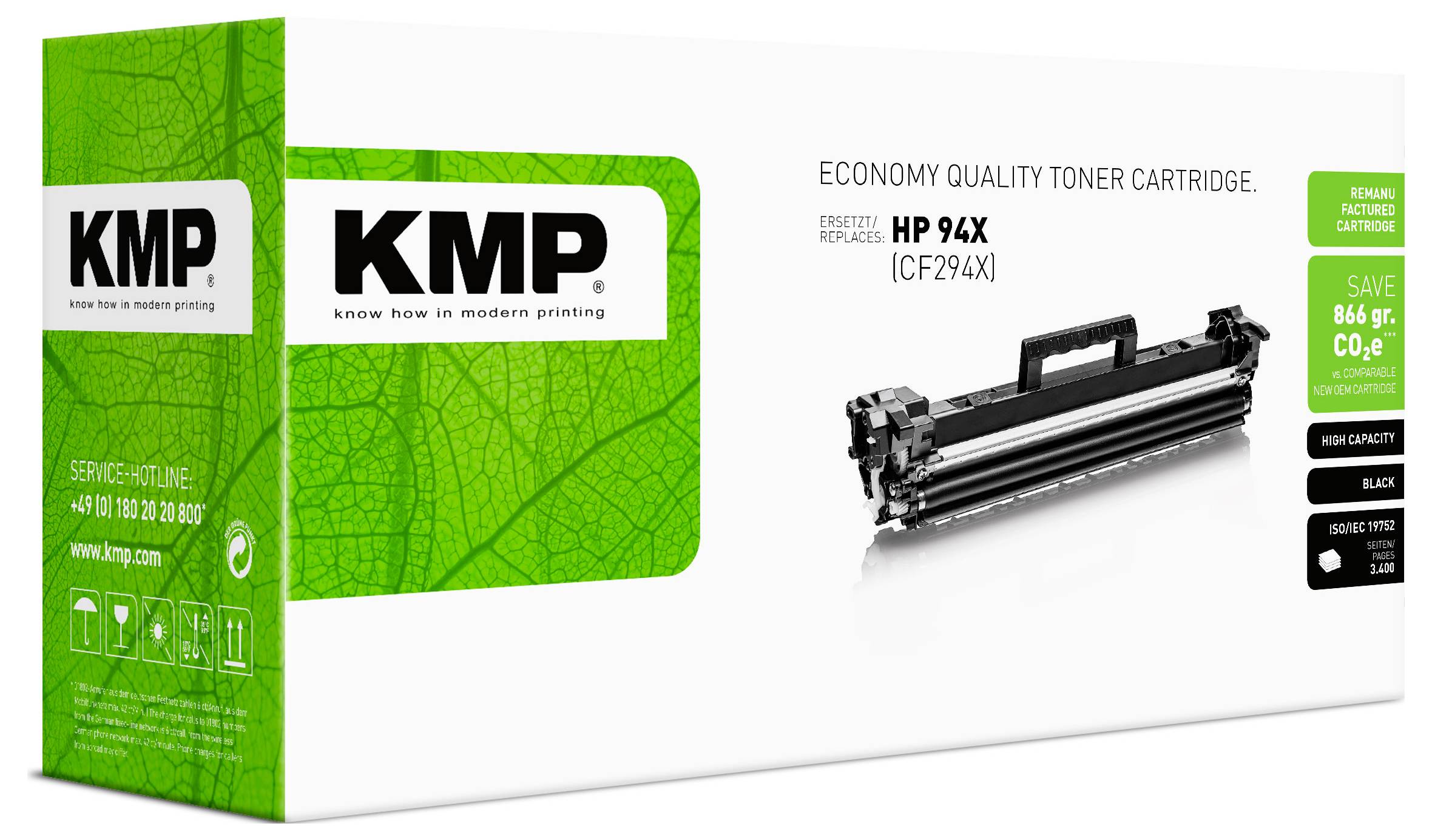 KMP Wirtschafts-Qualität Tonerkartusche Verpackung für HP 94X (CF294X), gezeigt mit einem schwarzen Kartuschenabbildung und grünem KMP-Branding.