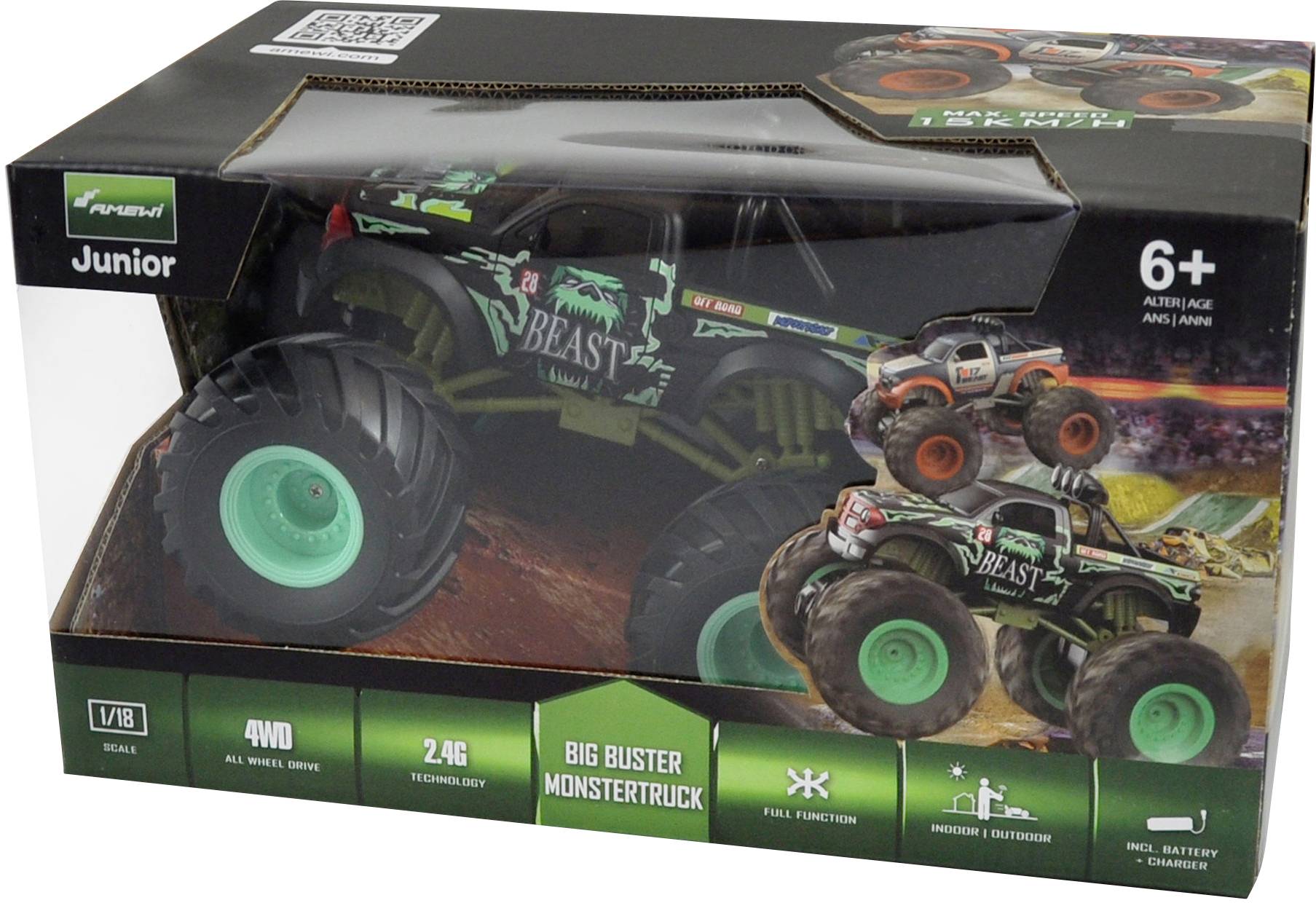 Amewi Grün Brushed 1:18 RC Modellauto Elektro Monstertruck Heckantrieb (2WD) RtR 2,4 GHz