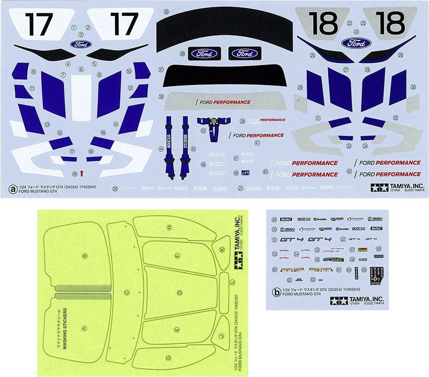 Aufkleberbogen für Modellauto: Enthält Nummern, Ford-Logos, Performance-Text und Designelemente in Blau, Weiß und Schwarz.