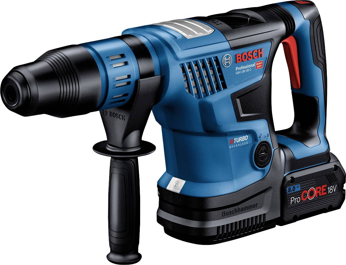 Ein blauer Bosch-Akkubohrhammer mit schwarzem Griff, geeignet für schwere Bohrarbeiten. Das Modell ist als 'Boschhammer' gekennzeichnet.