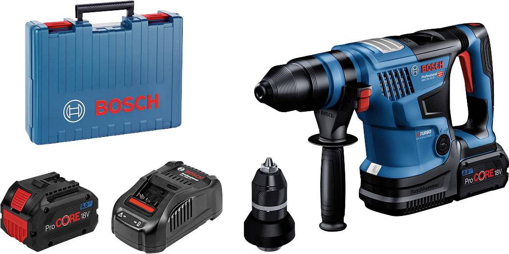 Bosch Bohrhammer mit Akkus, Ladegerät und Koffer. Hochleistungswerkzeug für Baustellen und Renovierungen.