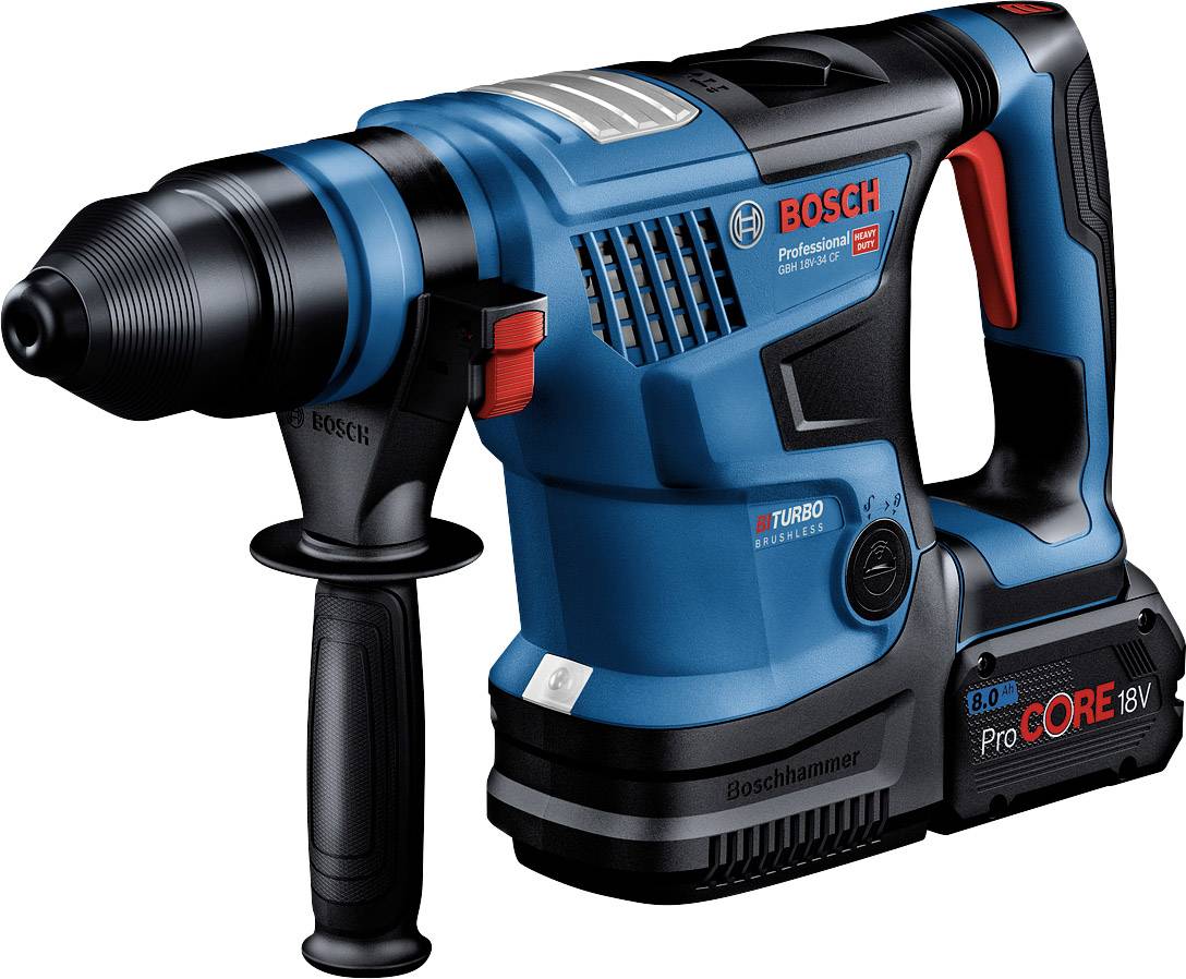 Ein blauer Bosch Akku-Bohrhammer mit Zusatzgriff und 'ProCORE 18V'-Akkupack.