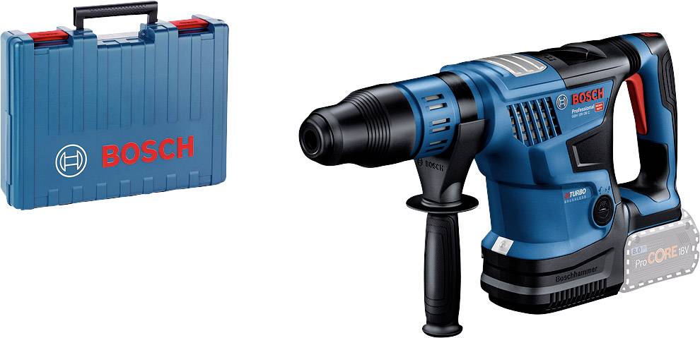 Ein blauer Bosch-Akkubohrhammer mit schwarzem Griff und rotem Akzent, neben einem blauen Bosch-Koffer.