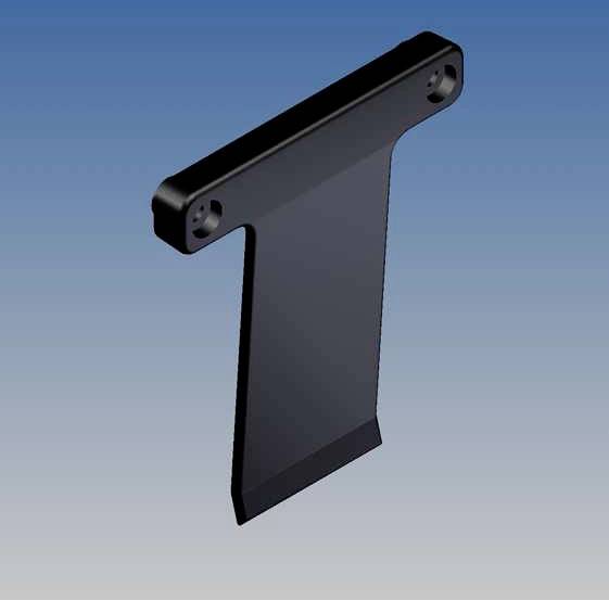 Ein schwarzes, T-förmiges Objekt vor blauem Hintergrund, möglicherweise ein technisches Bauteil mit zwei Löchern oben.