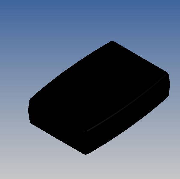 Ein schwarzes, rechteckiges Objekt auf einem blauen Hintergrund, möglicherweise ein Gehäuse oder eine Box, ohne erkennbare Details.