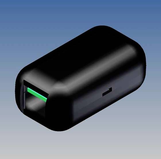 Ein schwarzes, rechteckiges elektronisches Bauteil vor blauem Hintergrund, möglicherweise ein Sensor oder Adapter.