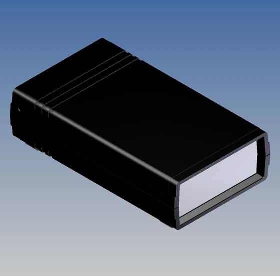 Ein schwarzes, rechteckiges Gerät mit gerilltem Gehäuse liegt diagonal auf blauem Hintergrund. Es hat eine graue Frontpanel.