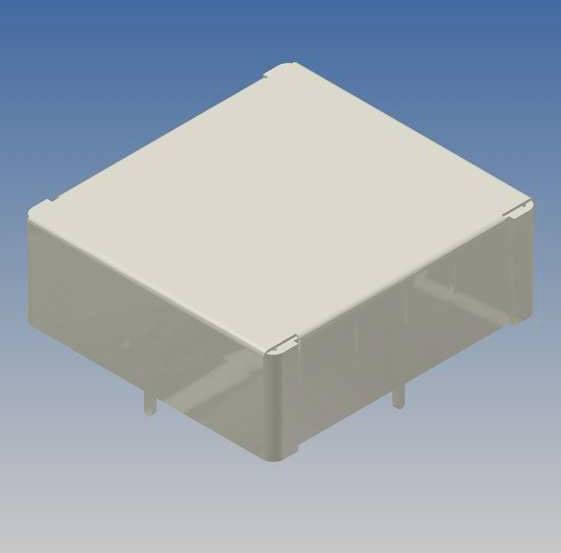 Ein grau-beiger, quadratischer, elektronischer Bauteil im 3D-Rendering auf blauem Hintergrund.