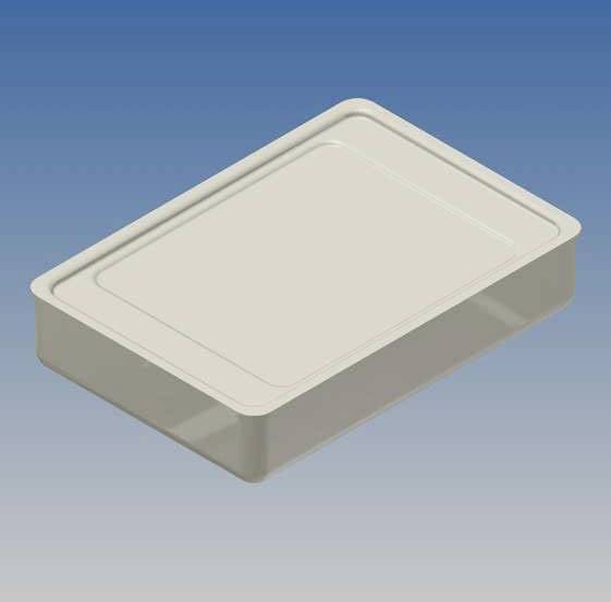 Eine rechteckige Plastikbox mit Deckel vor einem blauen Hintergrund.