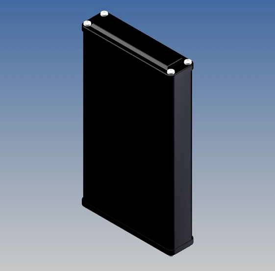 Ein schwarzer, vertikaler, rechteckiger 3D-Quader mit abgerundeten Ecken vor einem blau verlaufenden Hintergrund.