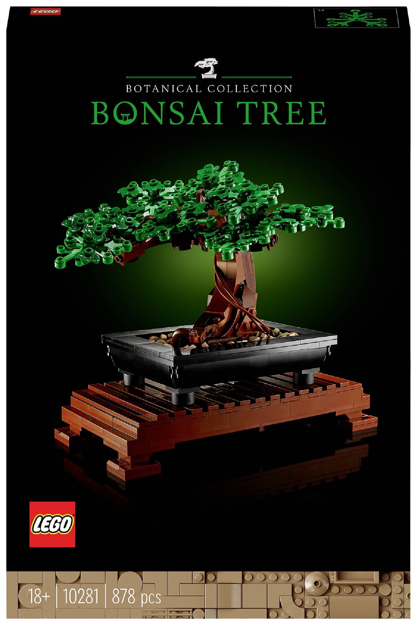 LEGO 'Bonsai-Baum' Bausatz in schwarzer Verpackung. Zeigt einen detaillierten Bonsai aus LEGO-Steinen. Empfehlungsalter 18+.