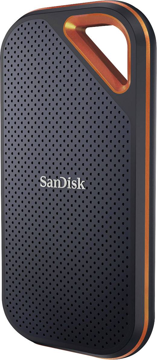 Externe SSD-Festplatte von SanDisk mit schwarzem, perforiertem Gehäuse und orangefarbenem Rand, geeignet für Datenspeicherung.