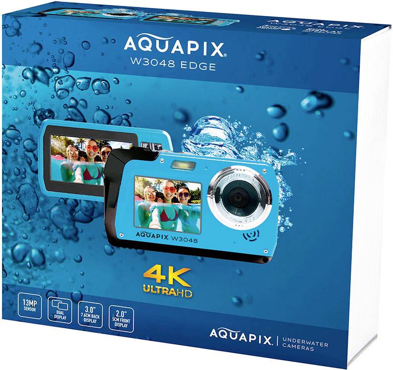 Unterwasserkamera 'AQUAPIX W3048 EDGE' in Blau. 13 MP Auflösung, 3,0 Zoll Bildschirm, 4K Ultra HD. Verpackung zeigt Kamerabild.