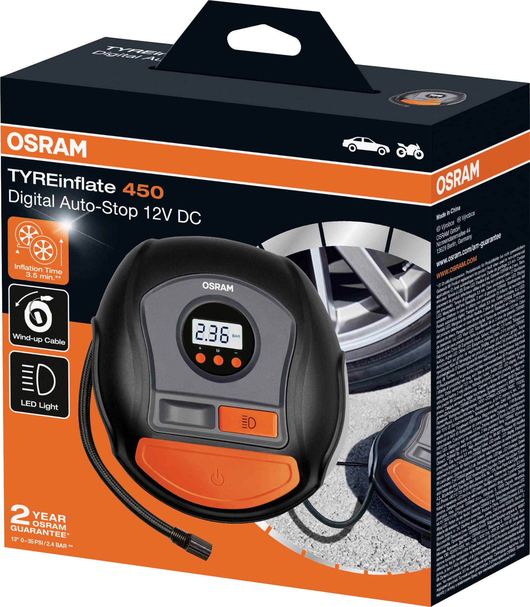 Osram Automotive OTI450 Kompressor 12V Adapter zum Betrieb per Kabel, Digitales Display, Kabelfach/-aufnahme, mit Arbeitslampe