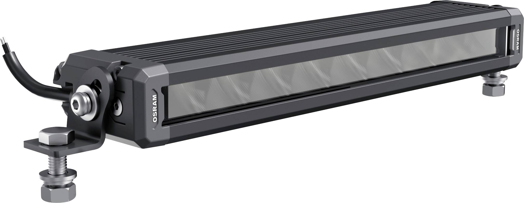 Eine längliche LED-Leuchte mit robustem Gehäuse, geeignet für Fahrzeuge oder industrielle Anwendungen, montierbar auf einer Oberfläche.