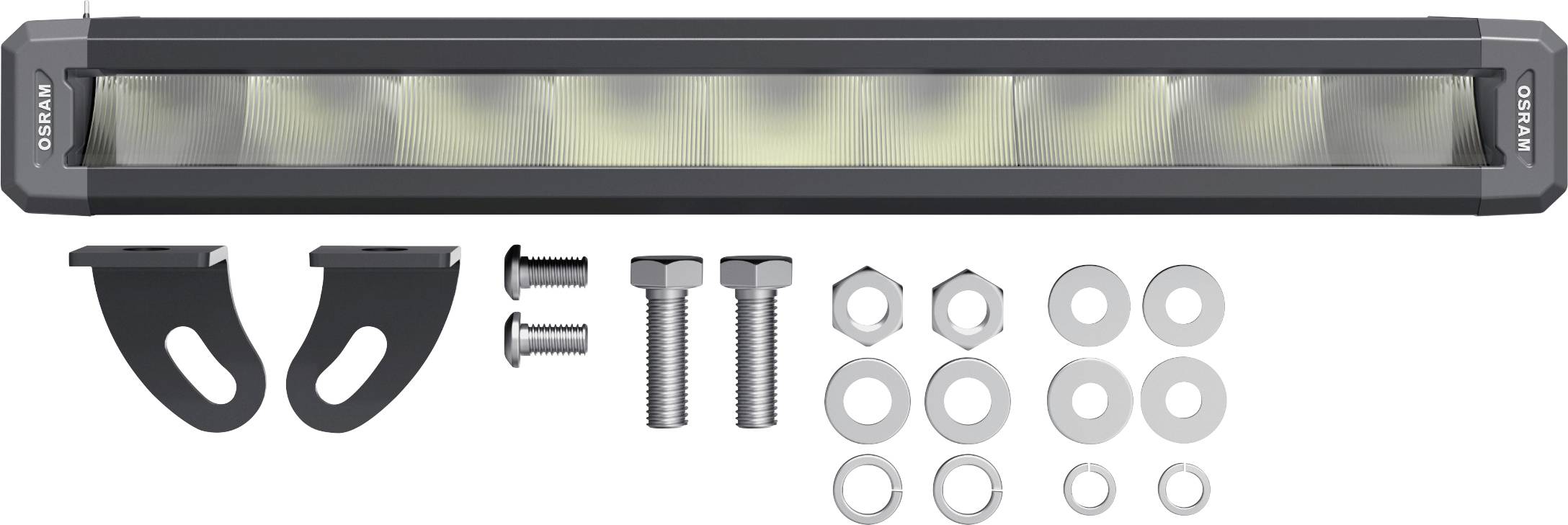 LED-Lichtleiste mit Befestigungsmaterial, Klammern, Schrauben, Muttern und Unterlegscheiben zur Montage.