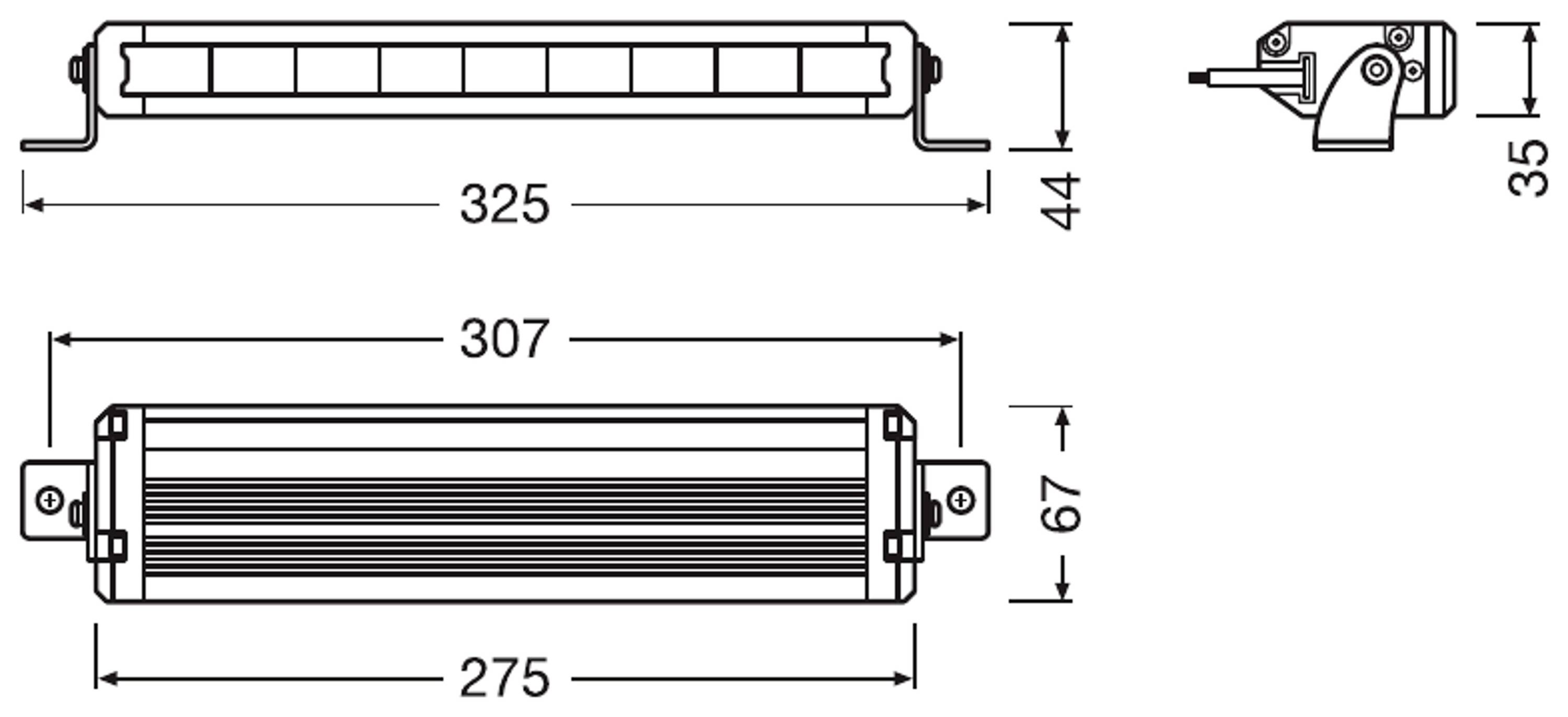 Technische Zeichnung einer rechteckigen LED-Leuchte mit Maßen: Länge 325 mm, Höhe 44 mm. Seitenansicht zeigt Höhe von 35 mm.