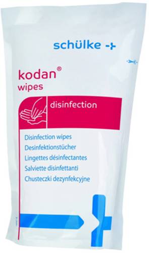 'Schülke kodan wipes' Verpackung mit Desinfektionstüchern. Text in mehreren Sprachen: Desinfektionstücher, Wischdesinfektion.