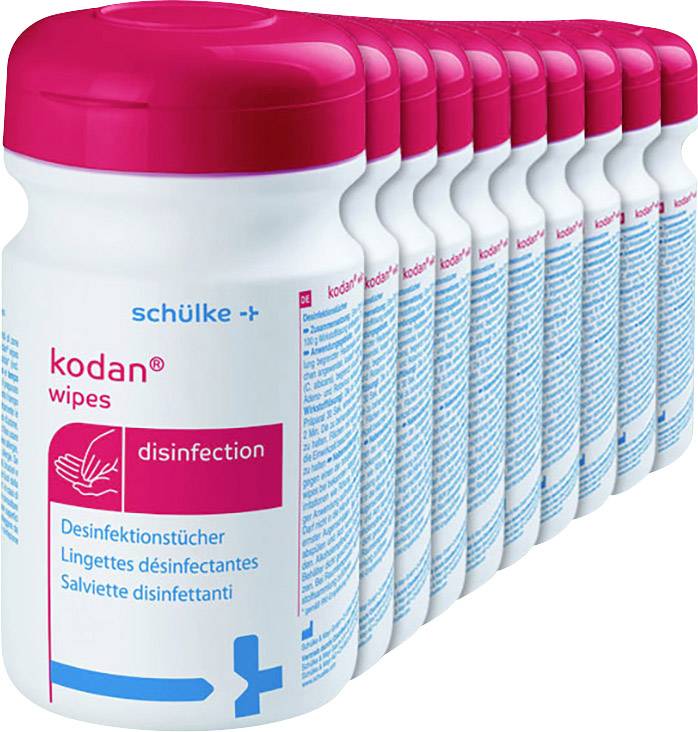 Beutel mit 'kodan wipes' Desinfektionstüchern in roten und weißen Verpackungen, für Oberflächenreinigung, 100 Stück pro Packung.