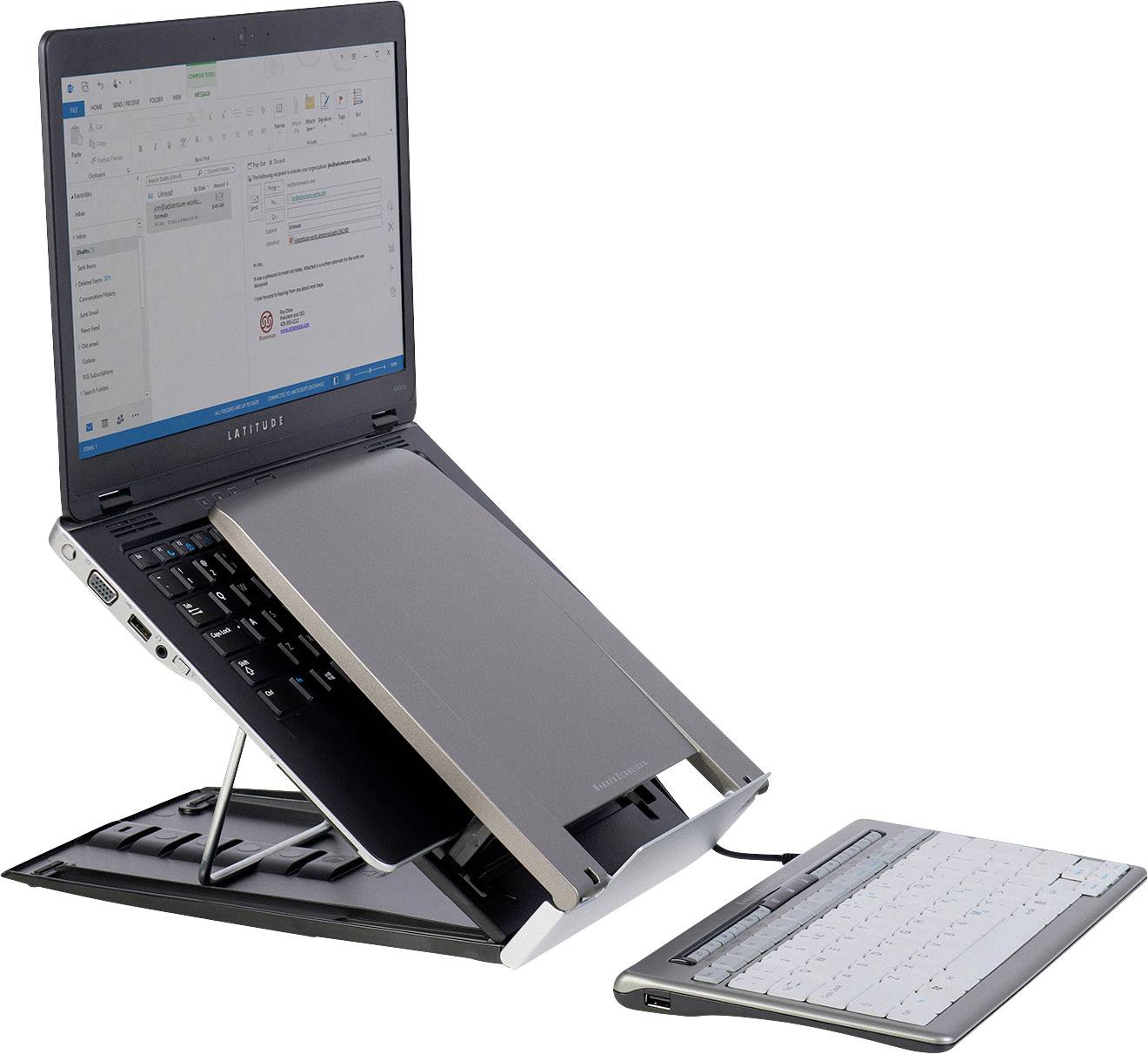 Ein Laptop mit aufgeklapptem Bildschirm auf einem Ständer. Die Tastatur ist abnehmbar und liegt separat vor dem Laptop.