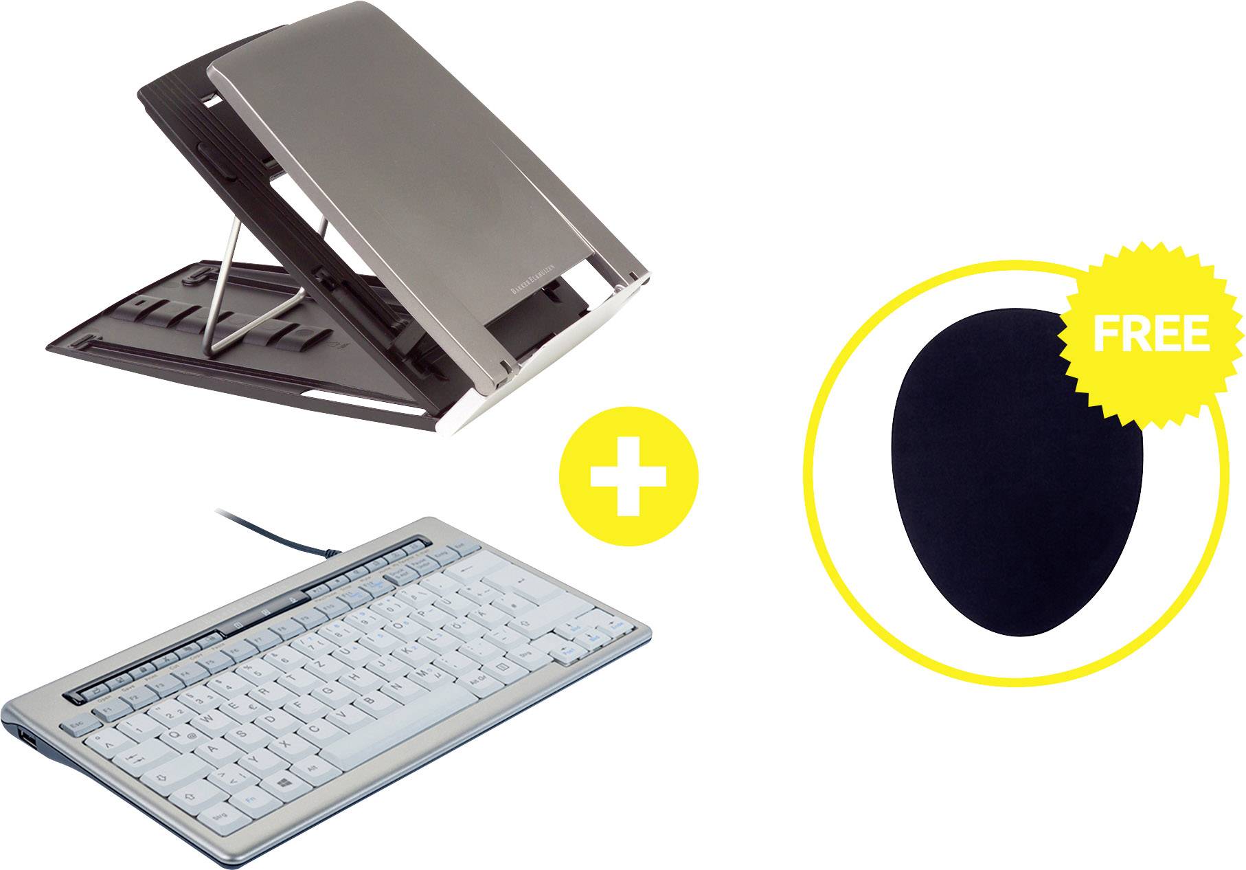 Laptop-Ständer und weiße Tastatur, daneben ein gelbes Pluszeichen. Rechts ein schwarzes Mauspad im Kreis mit dem Text 'FREE'.