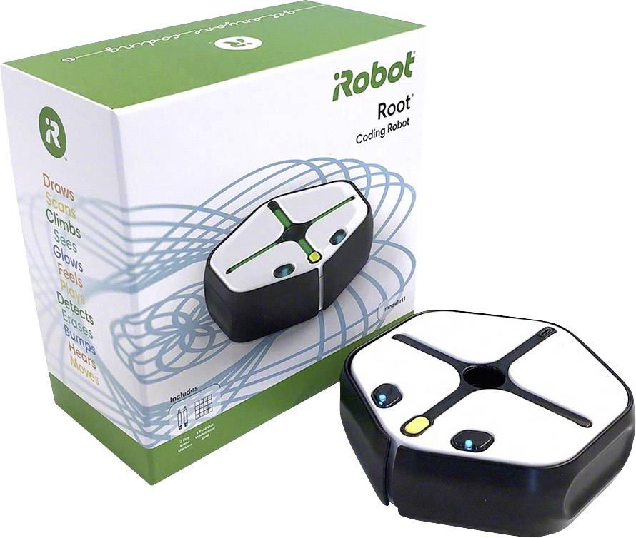 Ein quadratischer, weißer Programmierroboter mit schwarzen Details und zwei leuchtenden LEDs. Im Hintergrund die Verpackung mit dem Logo 'Root' und einer Darstellung des Roboters auf einer skizzierten Linie.