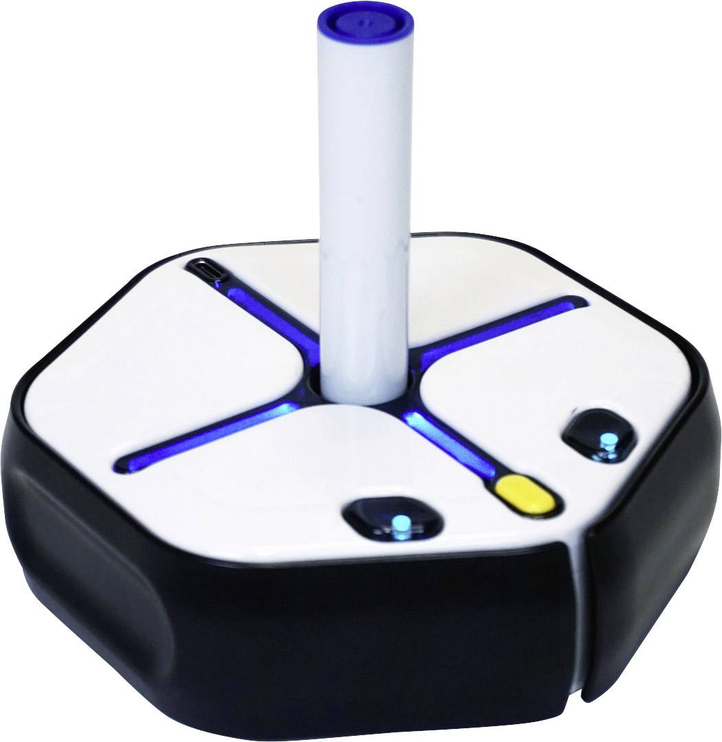 Ein sechseckiger Roboter mit weißer Oberseite und schwarzen Seiten, ausgestattet mit Sensoren und einem zentralen Griff.