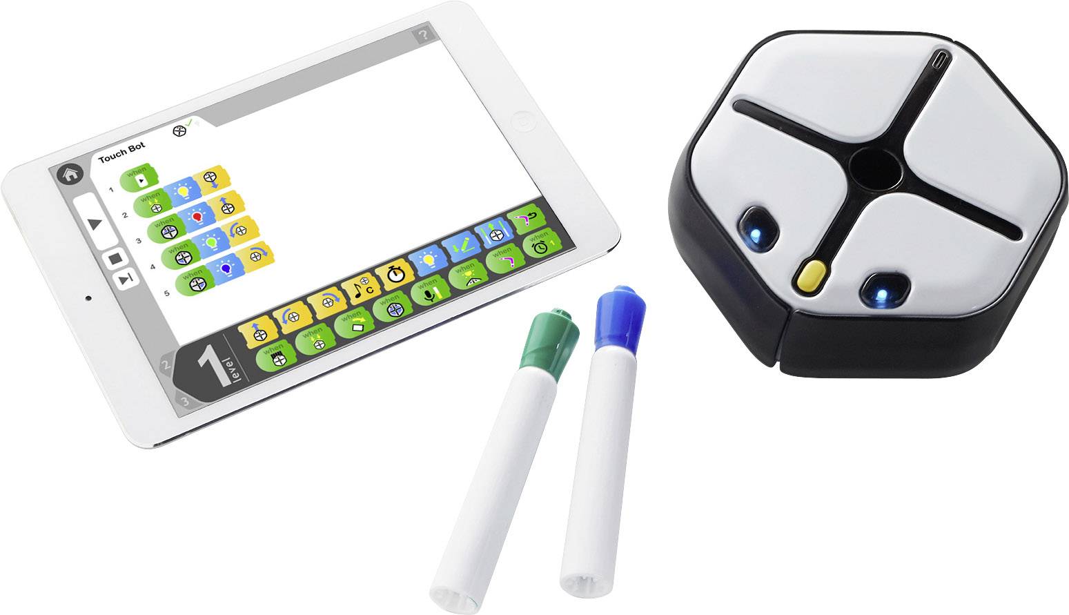 Tablet mit einer Programmier-App, zwei Stifte und ein sechseckiger Roboter. Die App zeigt bunte Symbole für Programmierbefehle.