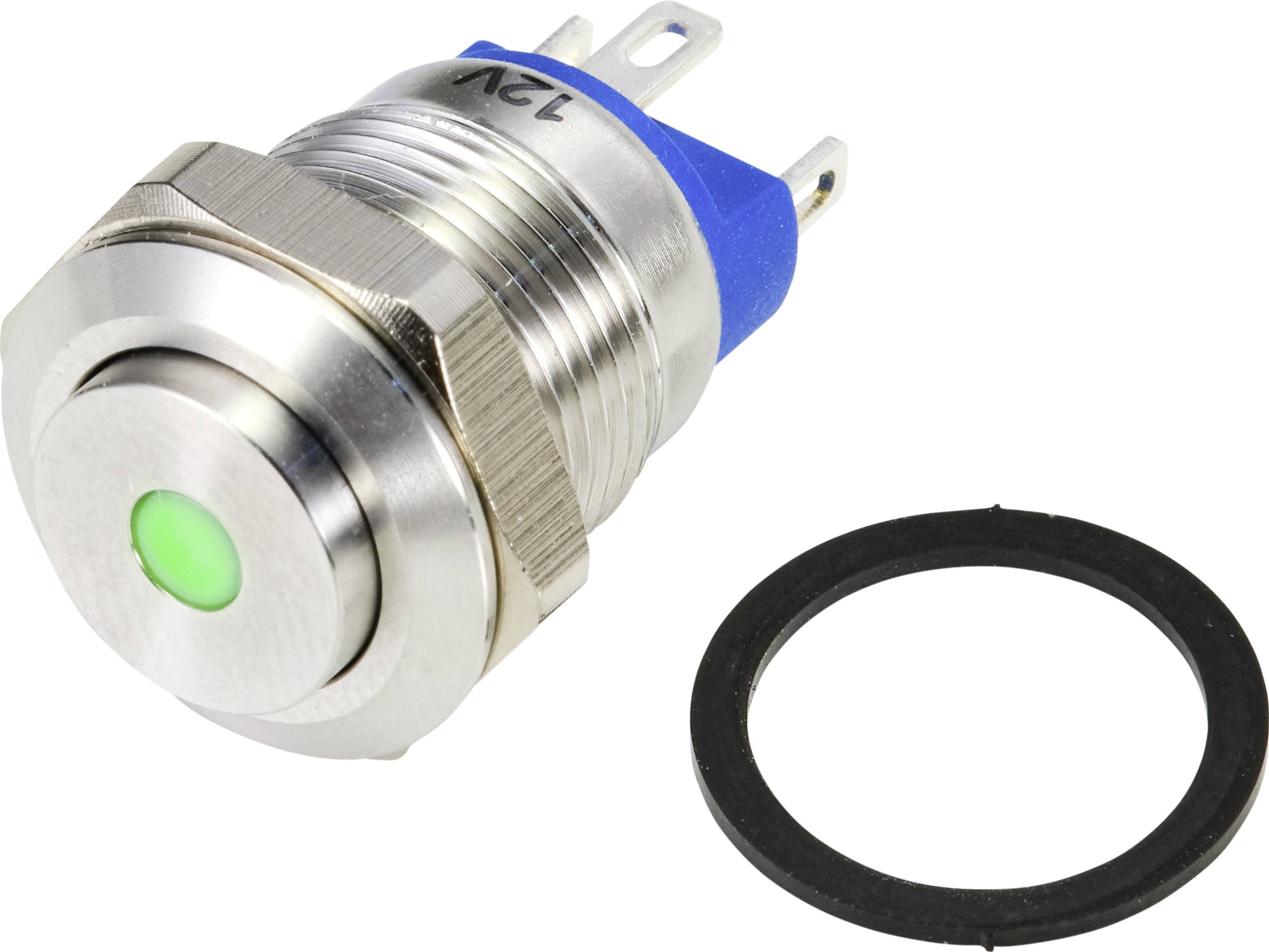 Metall-Drucktaster mit grünem LED-Licht und einem schwarzen Dichtring. Geeignet für elektrische Schaltungen mit 12V Spannung.