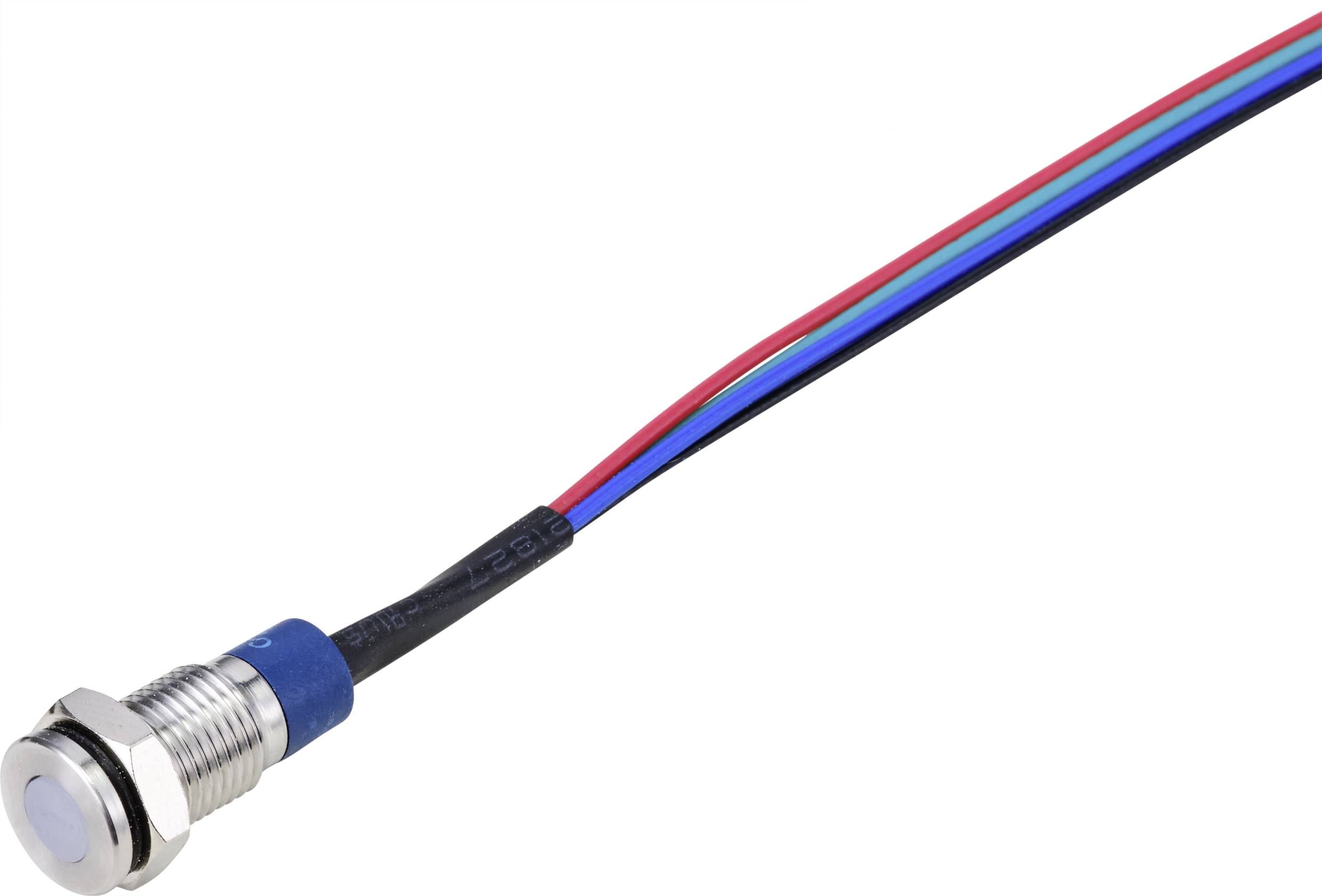 Ein kleiner, runder LED-Druckknopf mit Metallgehäuse und drei angeschlossenen Kabeln in den Farben Rot, Blau und Schwarz.
