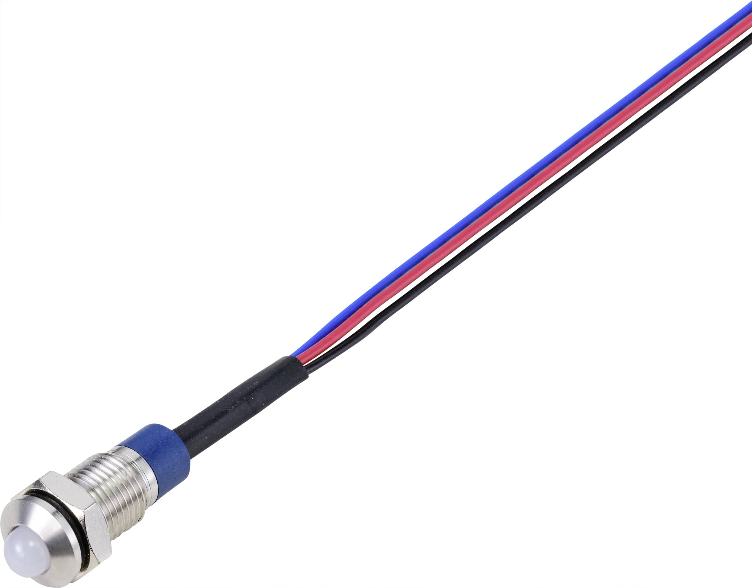 Metallumschlossener elektrischer Sensor mit drei farbigen Drähten, rot, blau und schwarz, zeigt die Vorderseite der Sensorkappe.