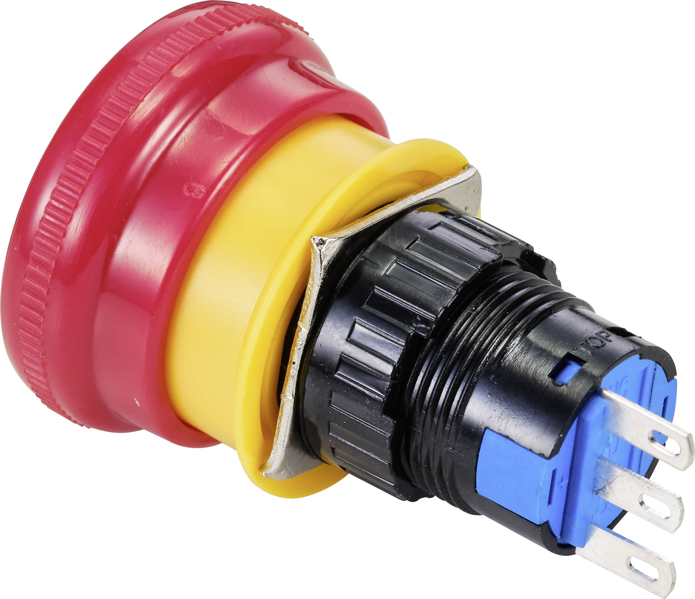 Not-Aus-Schalter mit roter Kappe und gelbem Gehäuse, seitlich liegend.