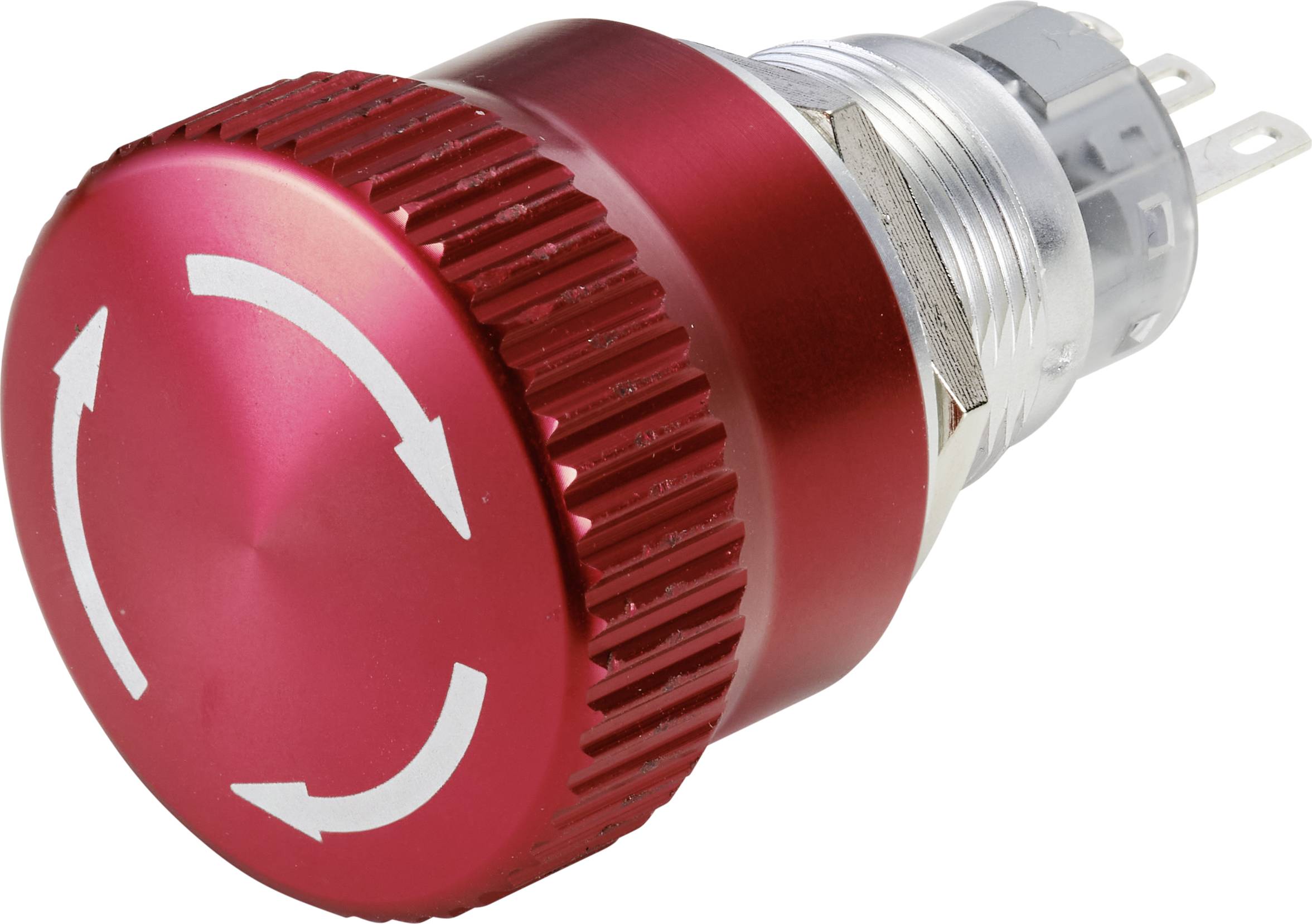 Roter Drehknopf mit weißen Pfeilen, die im Kreis verlaufen. Der Knopf ist aus Metall und Kunststoff und hat eine geriffelte Kante.