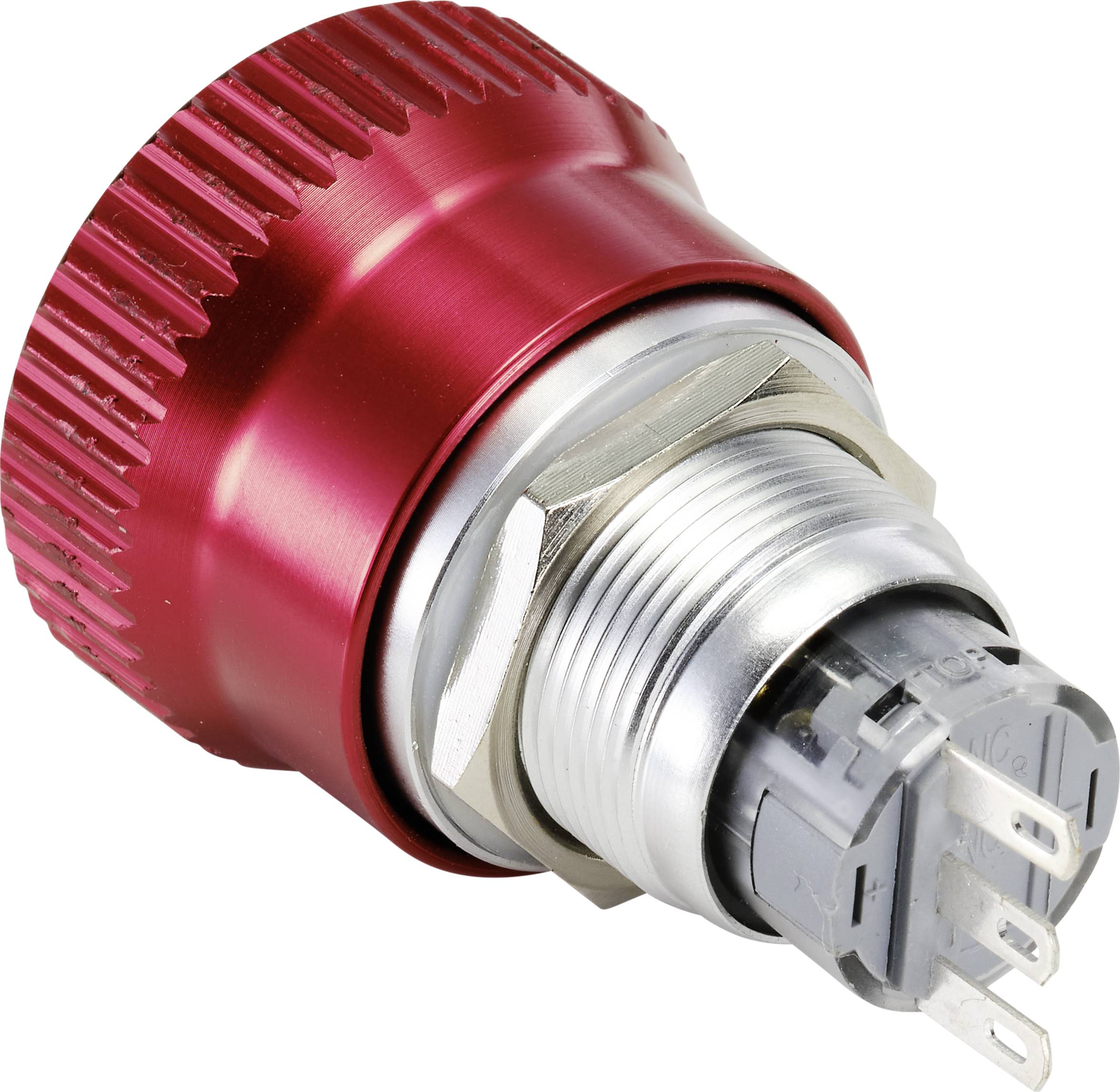 Ein roter, metallischer Drehknopf mit einem geriffelten Rand und Anschlussstiften an der Unterseite.