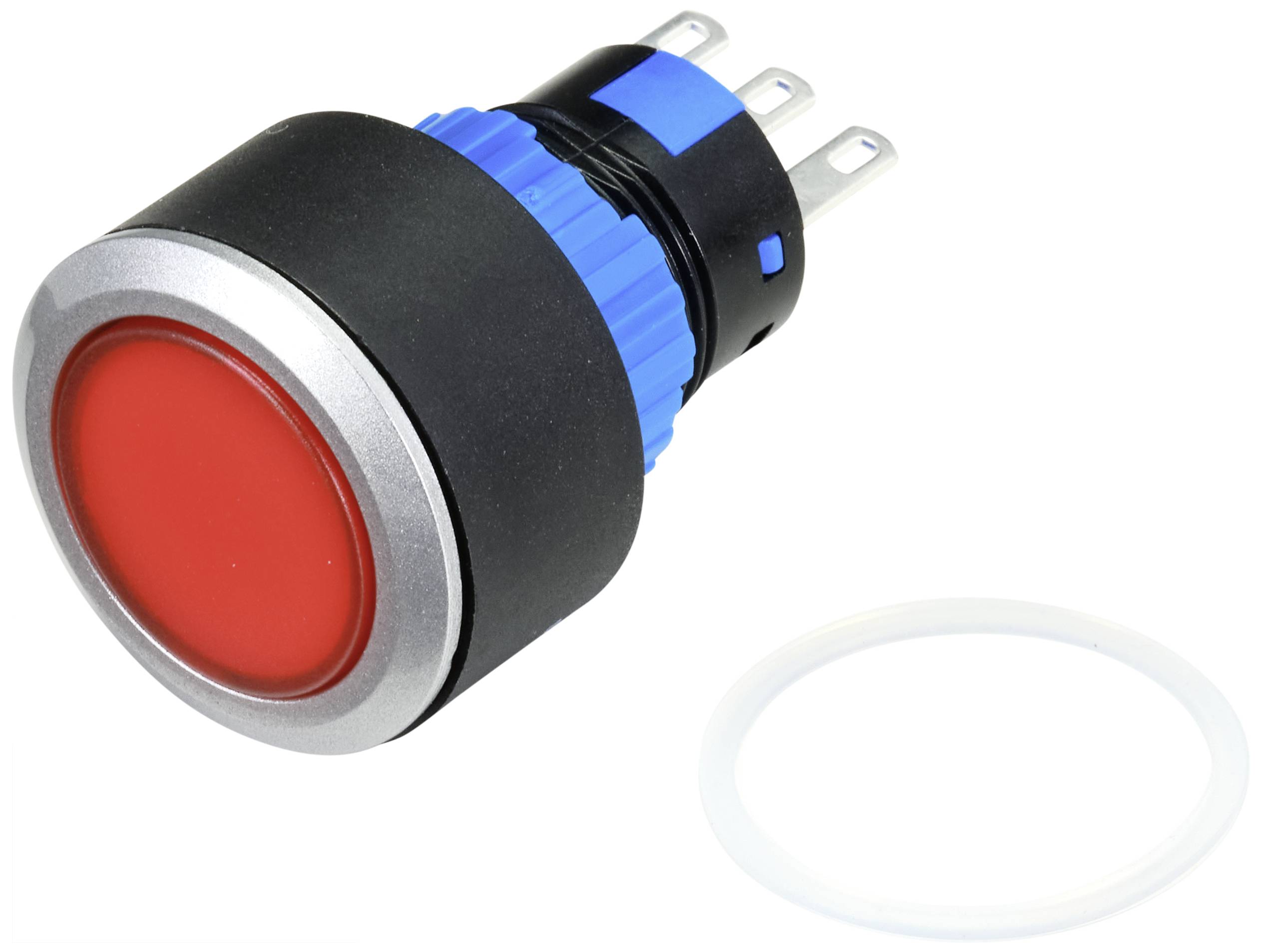 Ein roter Druckknopf in zylindrischer Form mit blauer Fassung und drei Metallkontakten, daneben ein weißer Dichtungsring.