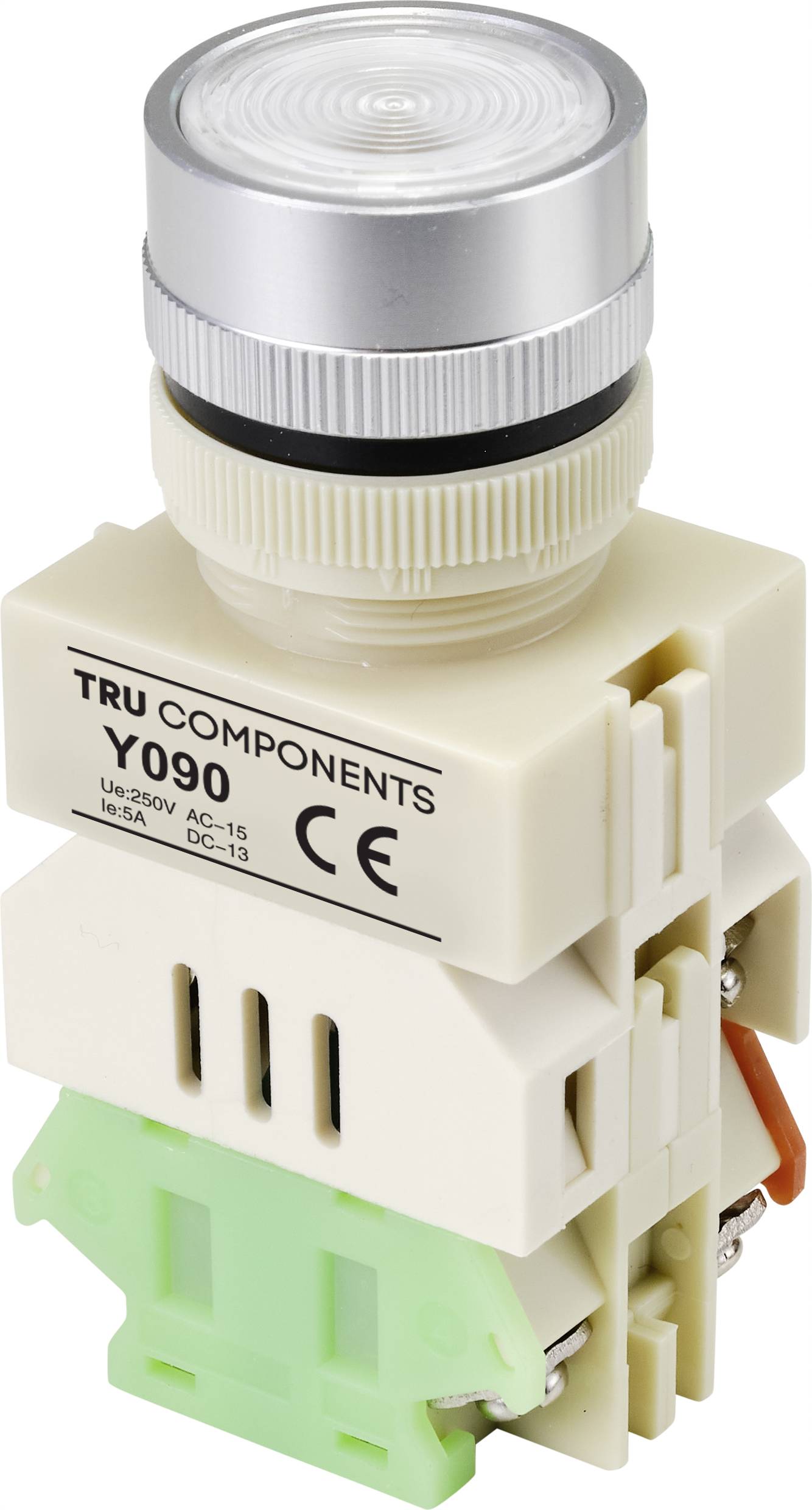 Ein weißer Drucktaster von TRU COMPONENTS, Modell Y090, geeignet für bis zu 250V AC, mit CE-Kennzeichnung, auf einem grünen Sockel montiert.