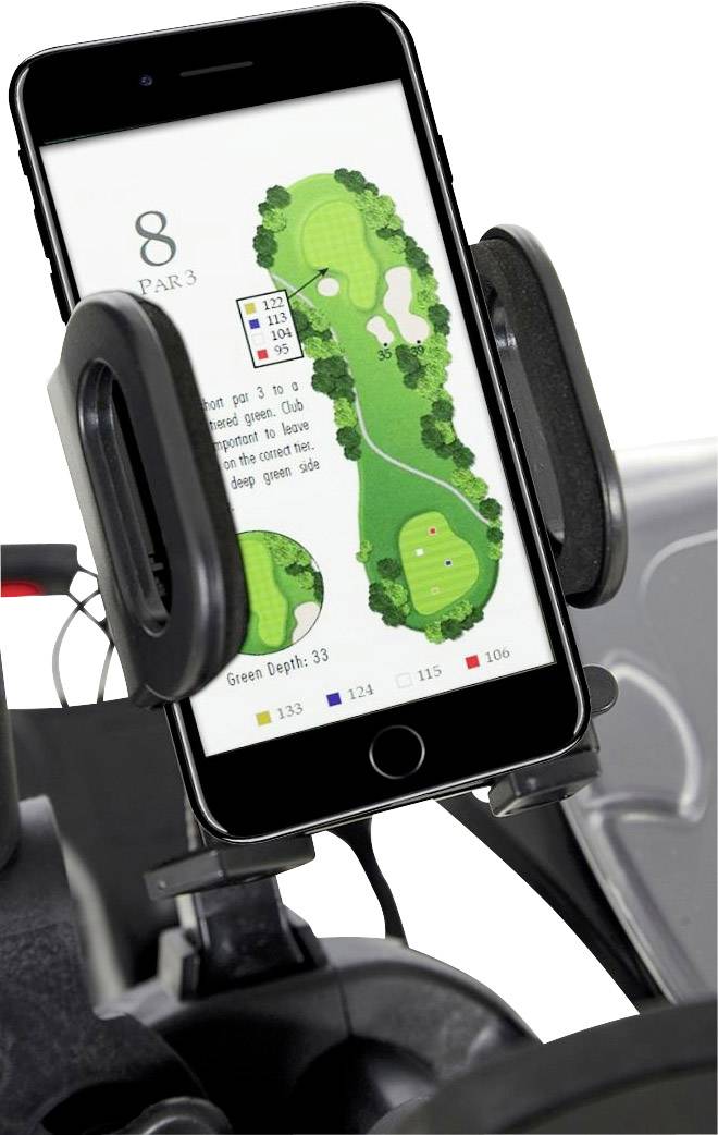 Ein Smartphone zeigt eine Golfplatzkarte und Entfernungsdaten. Es befindet sich in einer Halterung an einem Sportgerät.