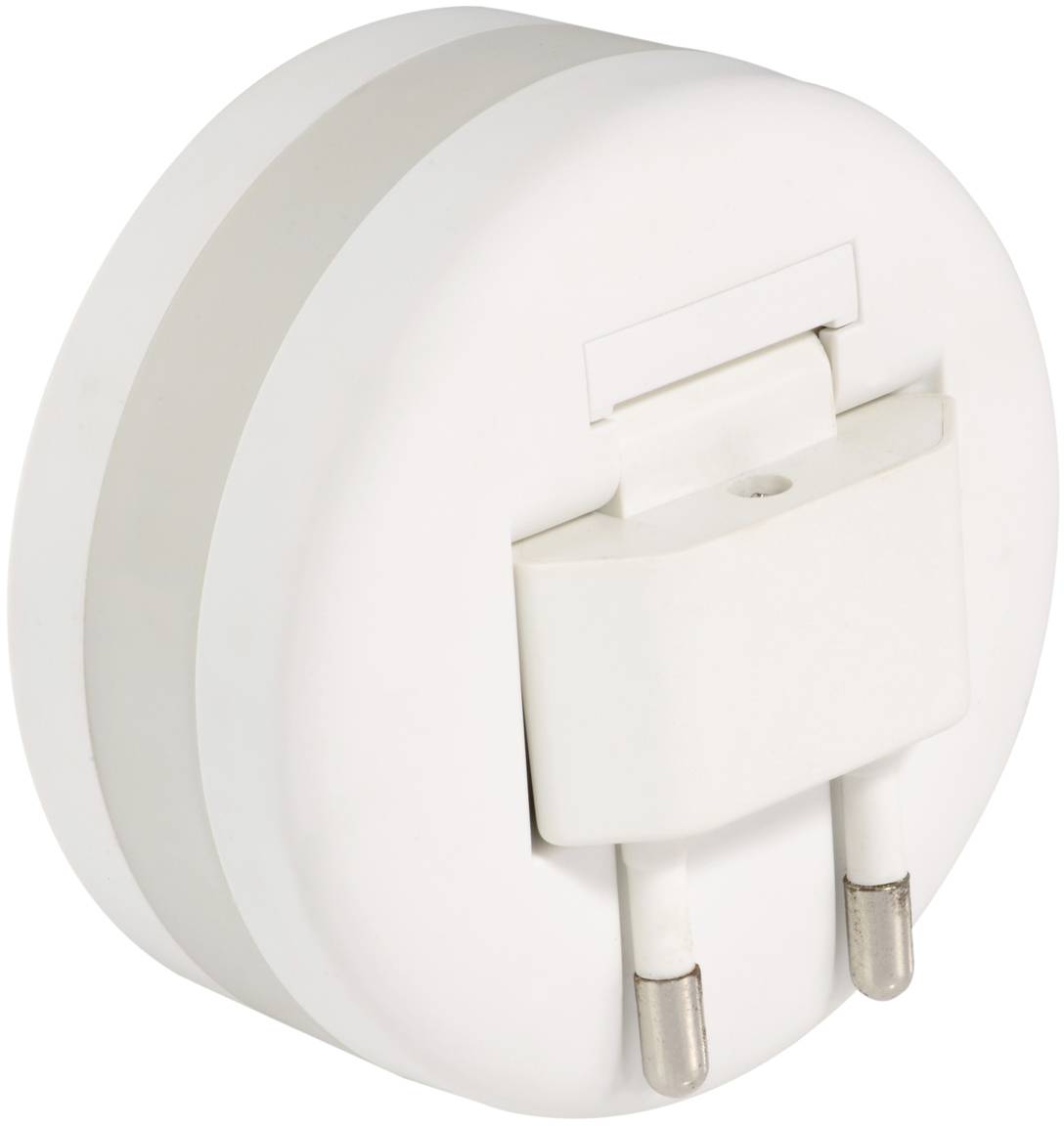 Ein runder, weißer Reiseadapter mit zwei Stiften; geeignet für verschiedene Steckdosentypen. Ideal für internationale Reisen.
